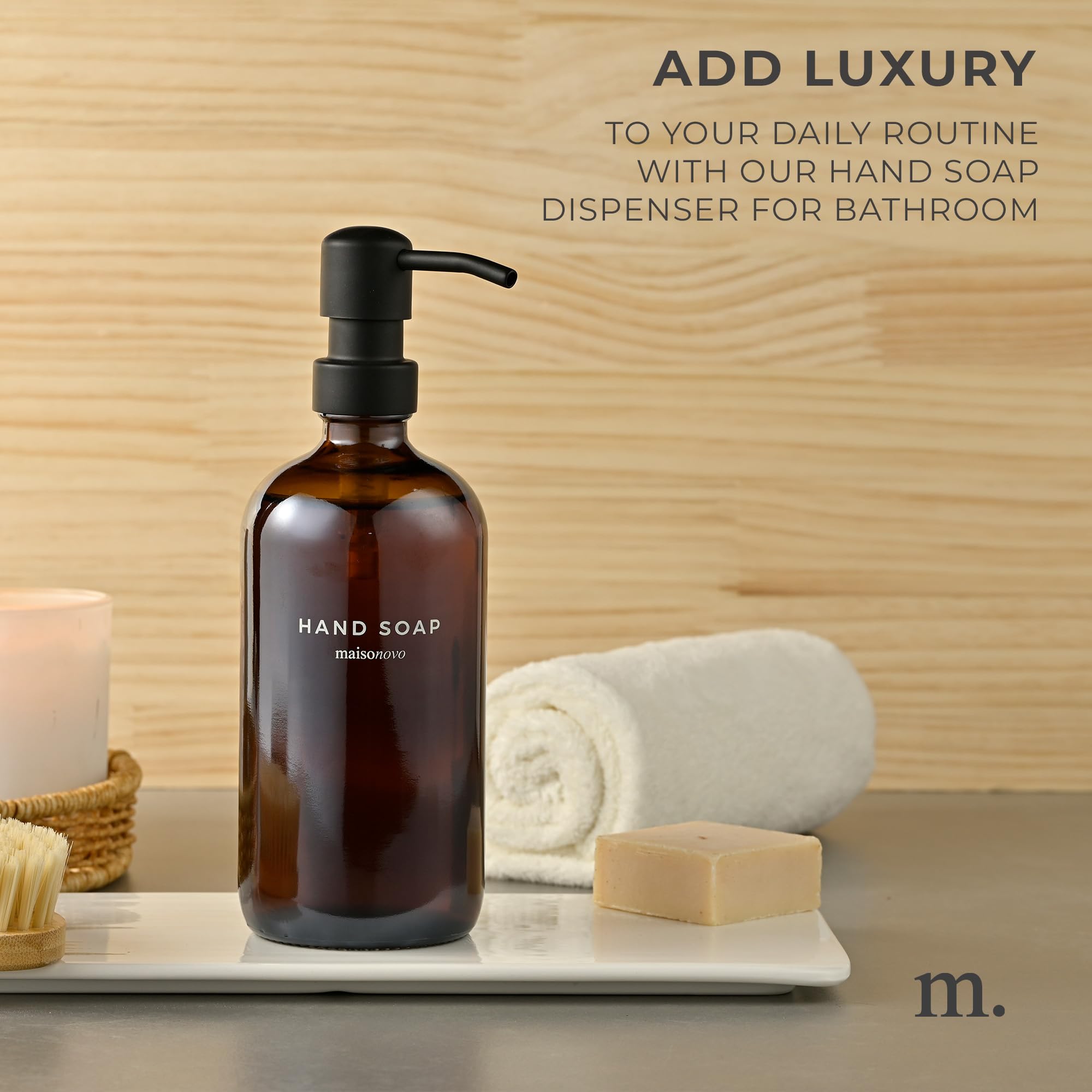 Maisonovo Hand Soap Dispenser For Bathroom | 16.9 Fl Oz Amber Glass Black Pump X 1