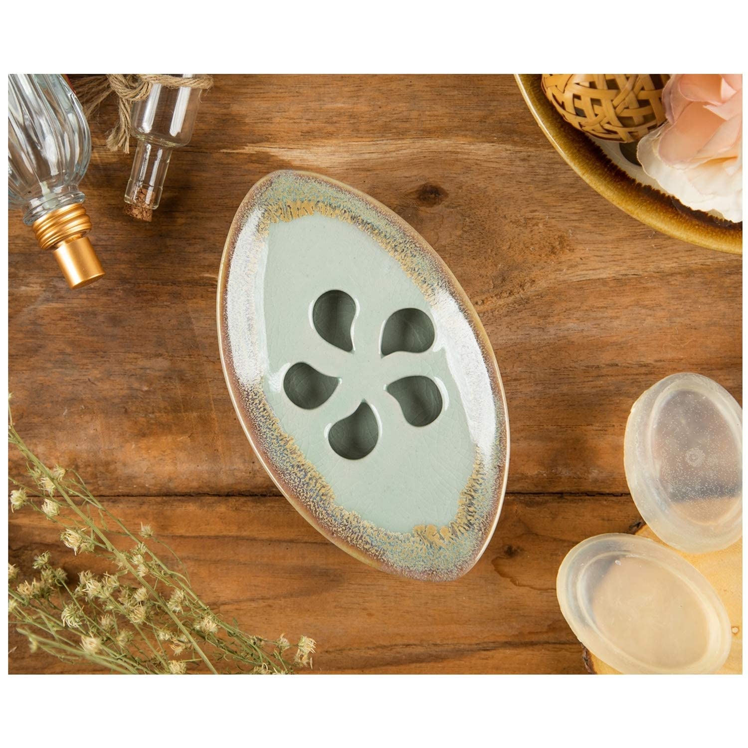 Lungmongkol Shop Ceramic Soap Dish With Self Draining Tray For Bar Soap, Bathroom, Kitchen (Pastel Blue)