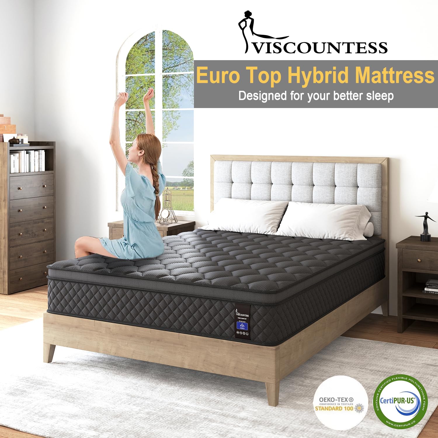 Viscountess King Hybrid Mattress, 10 Inch Euro Top Mattress Medium Firm For Back & Lumbar Support, 100 Night Trial, Individual P