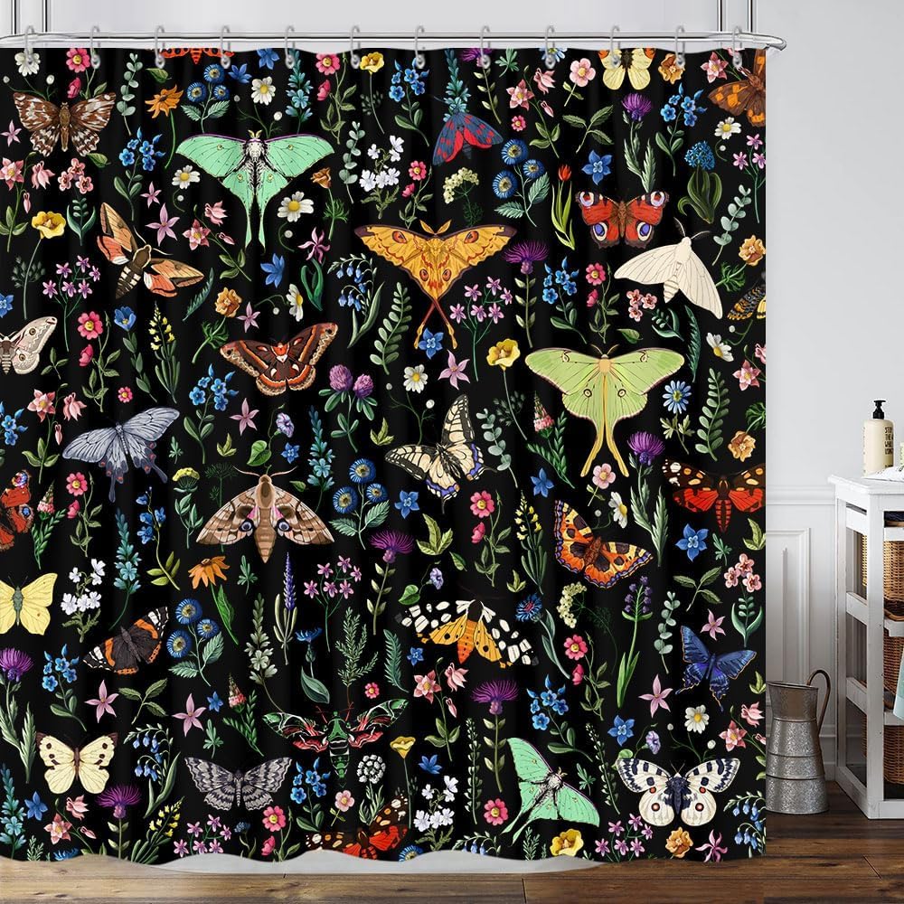 Boho Butterfly Floral Shower Curtain, Bright Abstract Bohemian Plant Flower Botanical Moth Shower Curtain, Black Modern Aestheti