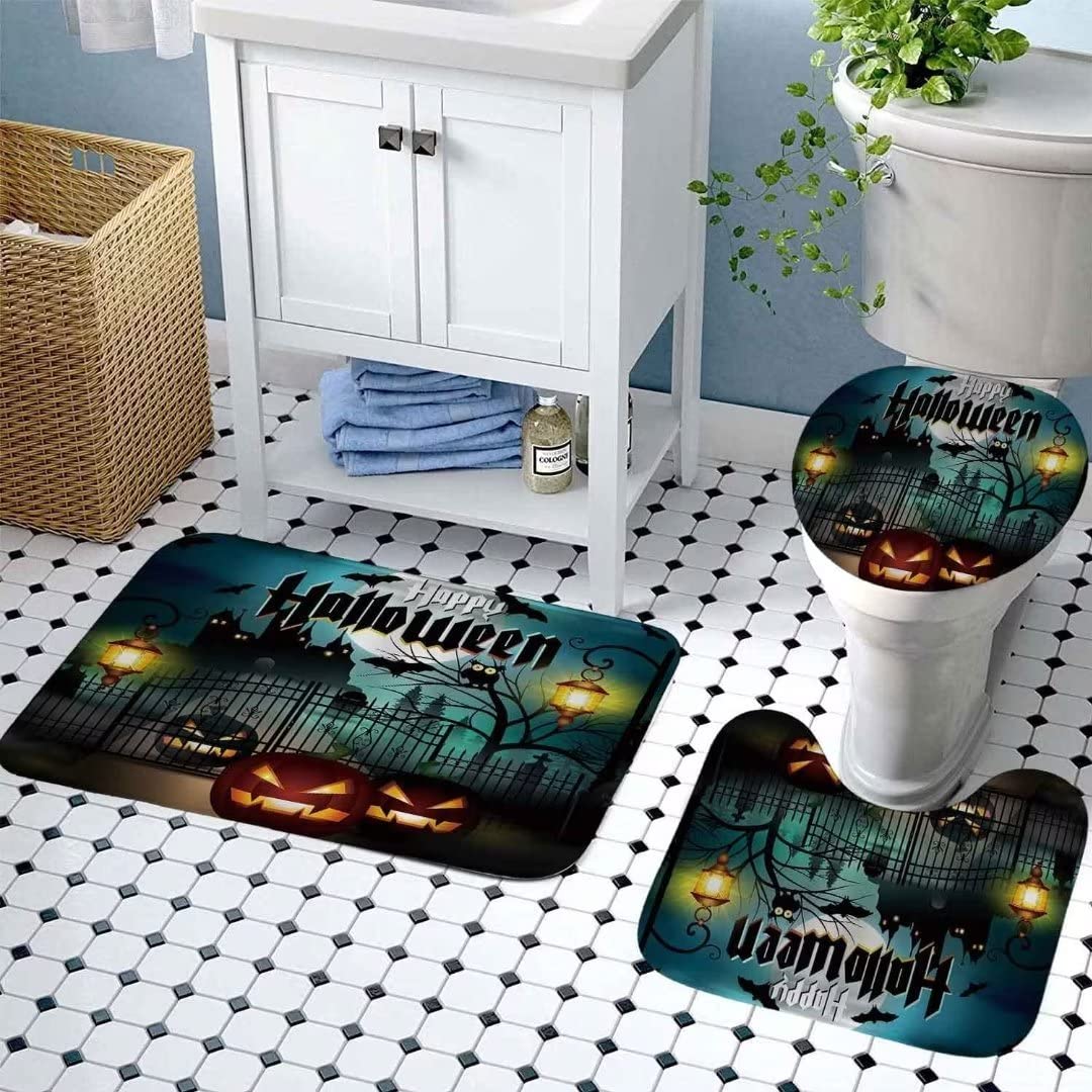 Nbvko Halloween Castle Pumpkin Waterproof Shower Curtain,With Non-Slip Rugs,Toilet Lid Cover And Bath Mat,Bathroom Shower Decor