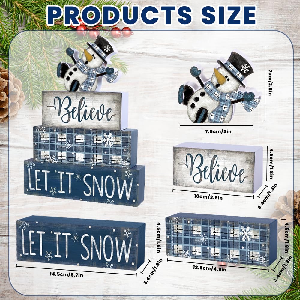 DIYDEC 4pcs Winter Wooden Table Signs - Christmas Snowman Wooden Block Signs Gift Rustic Xmas Tiered Tray Decor Winter Centerpie