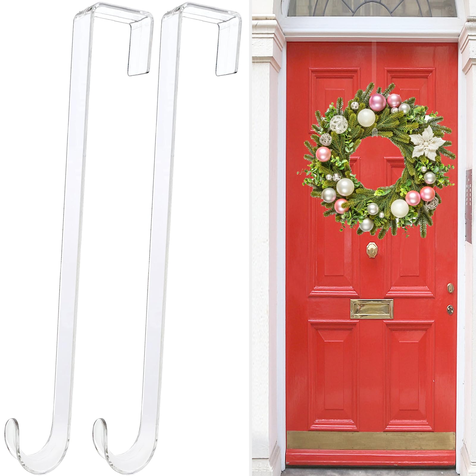 Wreath Hangers for Front Door,12 Clear Wreath Door Hanger,2 Pack Wreath Hanger Non Scratch Over The Door Hooks Easter Halloween 