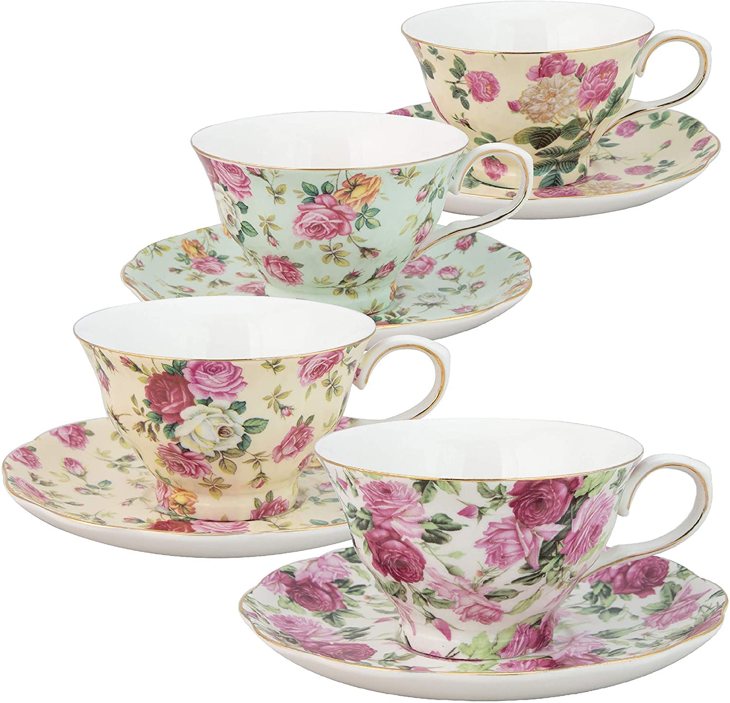 Gracie China By Coastline Imports Rose Chintz 8-Ounce Porcelain Tea Cup And Saucer, Set Of 4