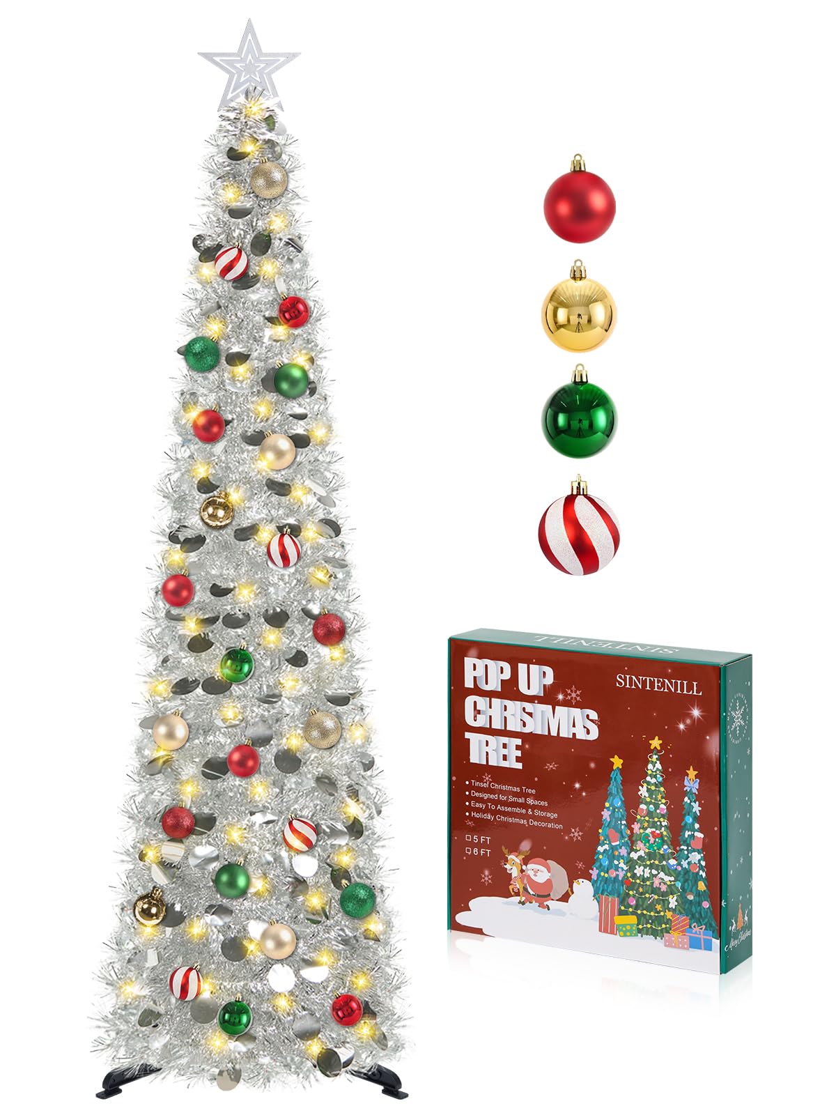 SINTENILL 5 FT Pop Up Christmas Tree with Timer Lights and Decorations, Silver Artificial Tinsel Christmas Tree with 24 Ball Orn