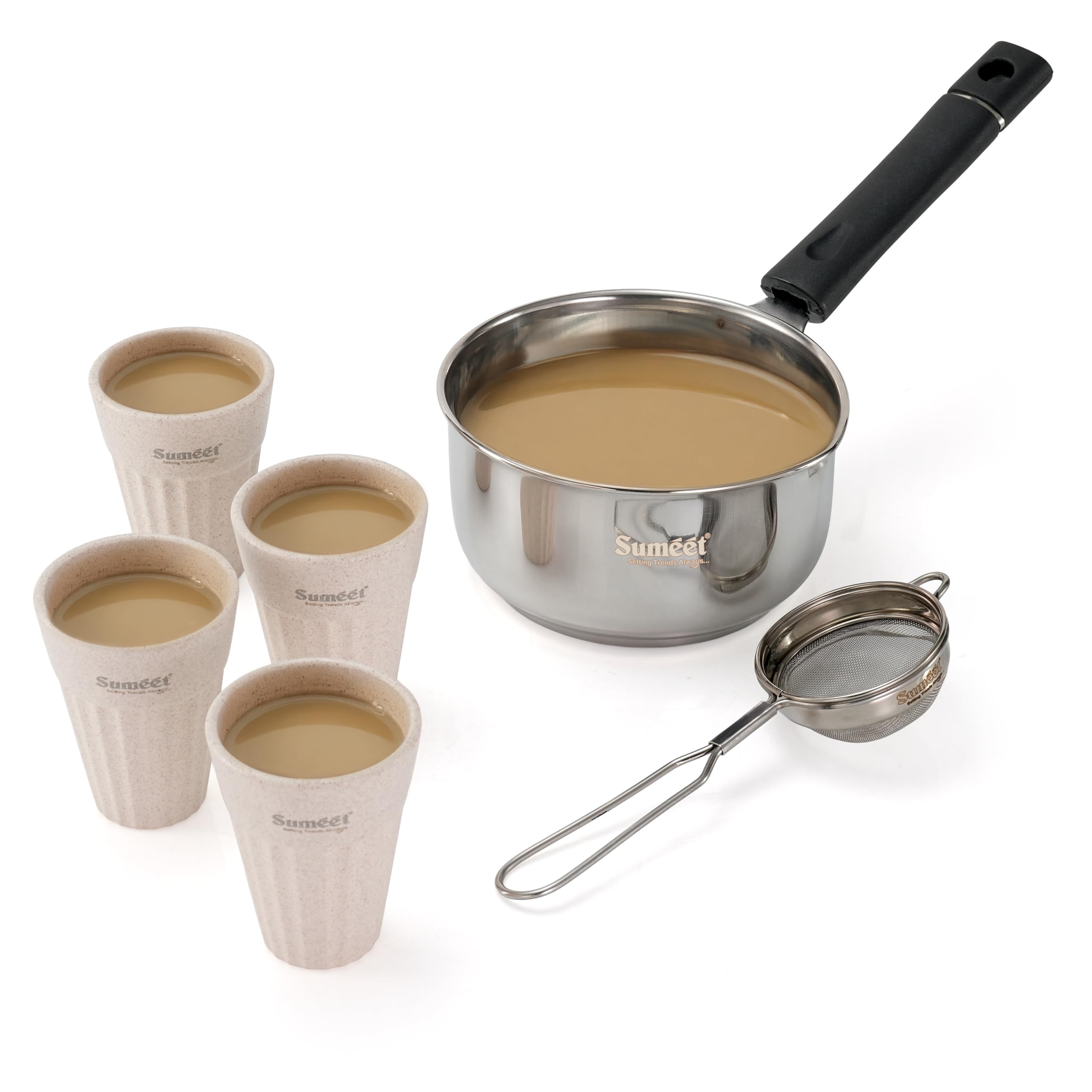 Sumeet ISI Certified Stainless Steel Induction & Gas Stove Friendly Saucepan Milk Pan Tea Maker - 800ml with Stainer & 4Pc Tea Cups Made of Husk - 200ml Perfact Tea Set Combo