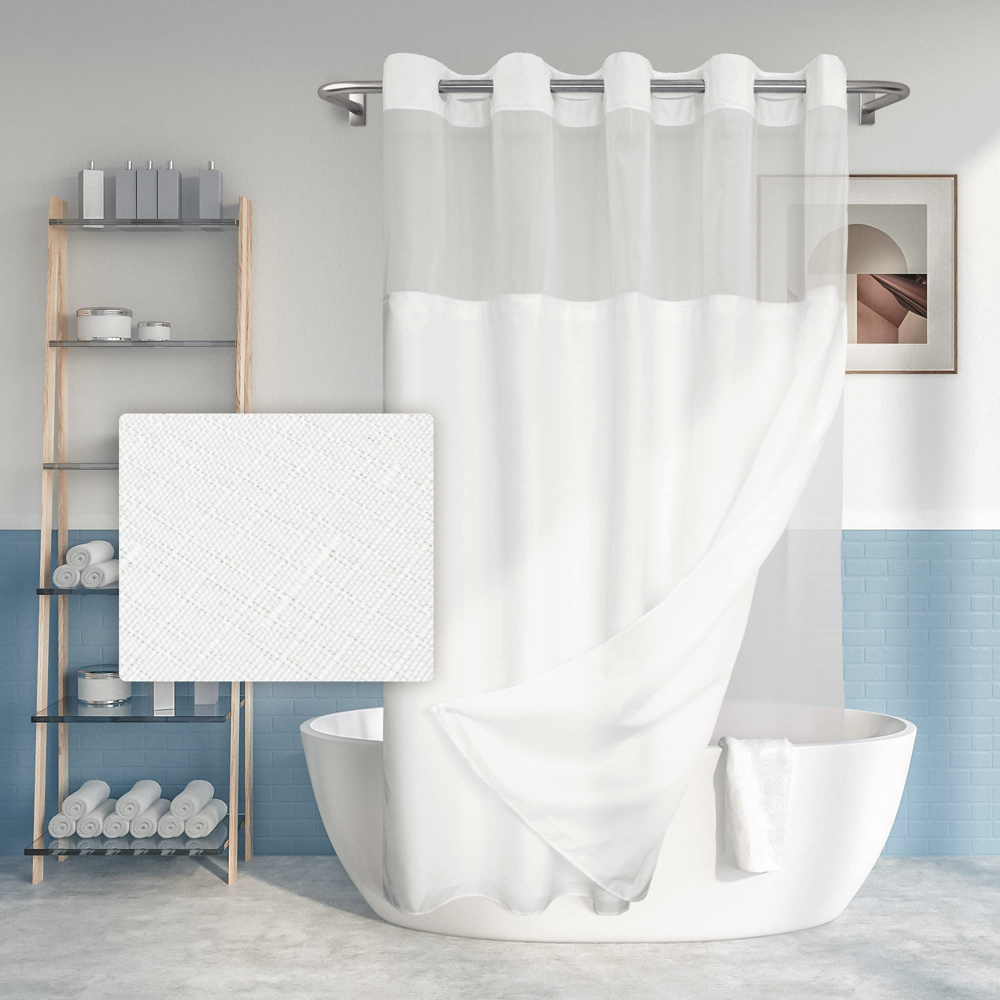 Long No Hook Slub Textured Shower Curtain with Snap-in PEVA Liner Set - 71 x 77(75), Hotel Style with See Through Top Window, Fa