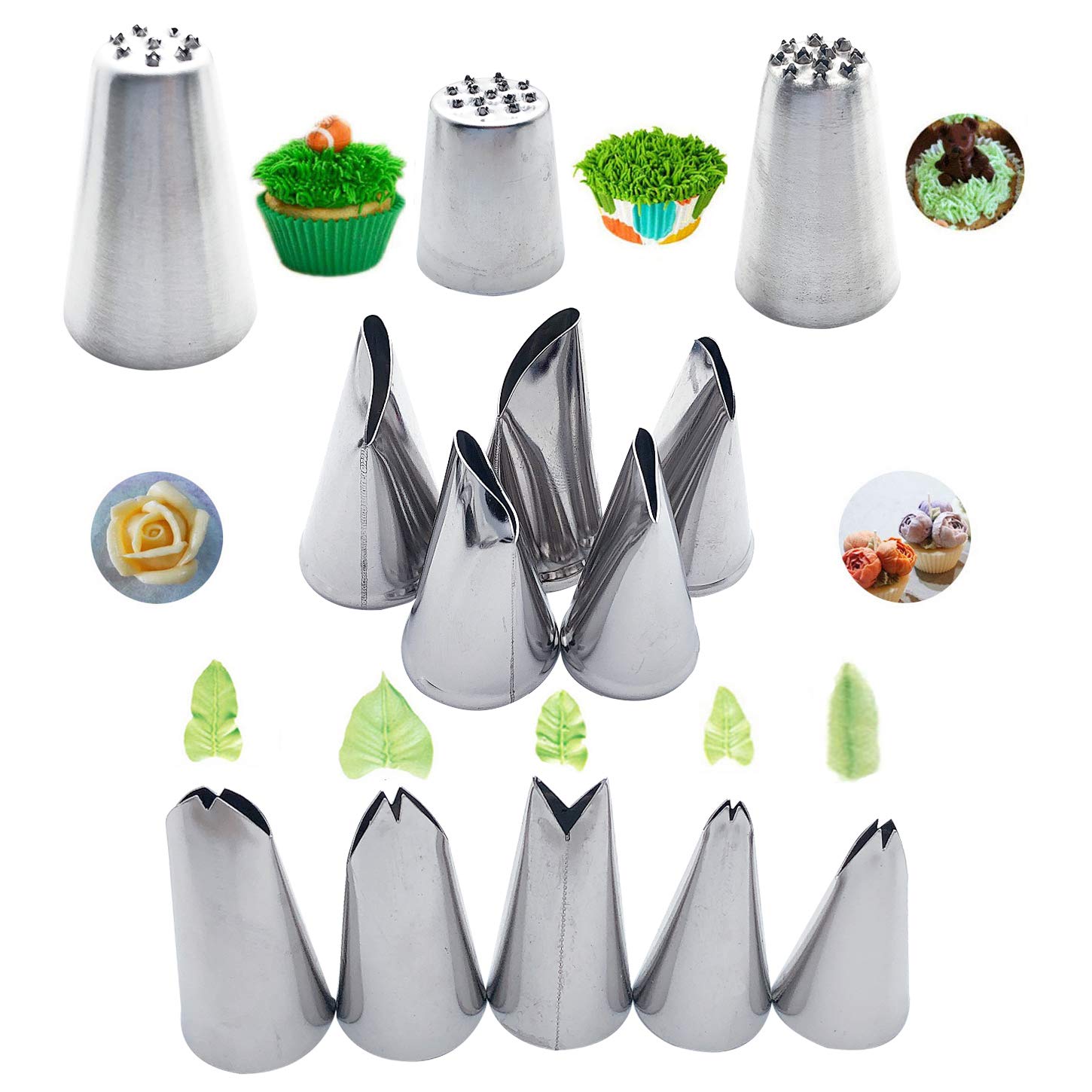 Markeny 5 Pcs Rose Piping Tips, 3Pcs Grass Cream Tips Diy Decor Baking Tool And 5 Pcs Leaf Stainless Steel Piping Nozzles Kit(13
