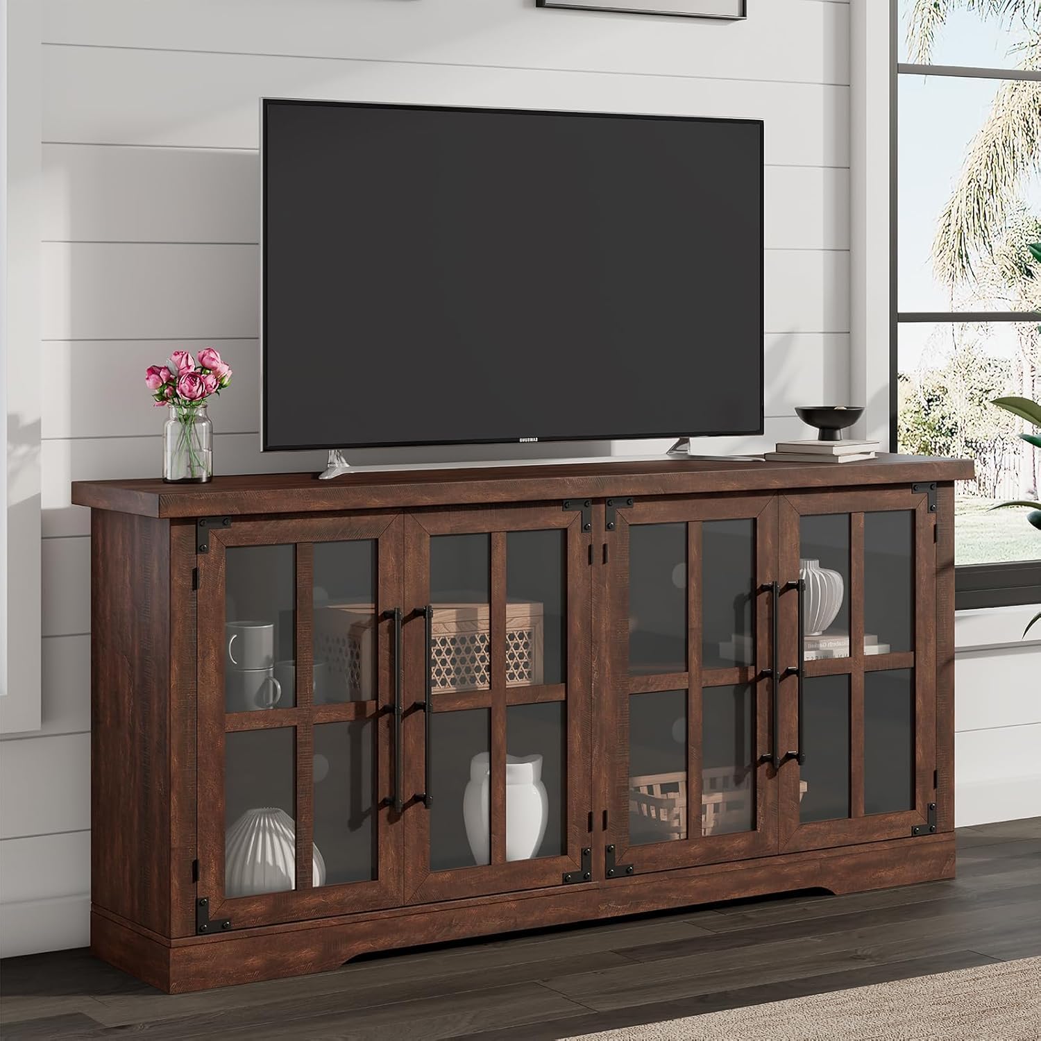 LUXOAK 63 Farmhouse TV Stand with 4 Glass Doors, Modern Buffet Sideboard Cabinet with Storage, Entertainment Center with Adjusta