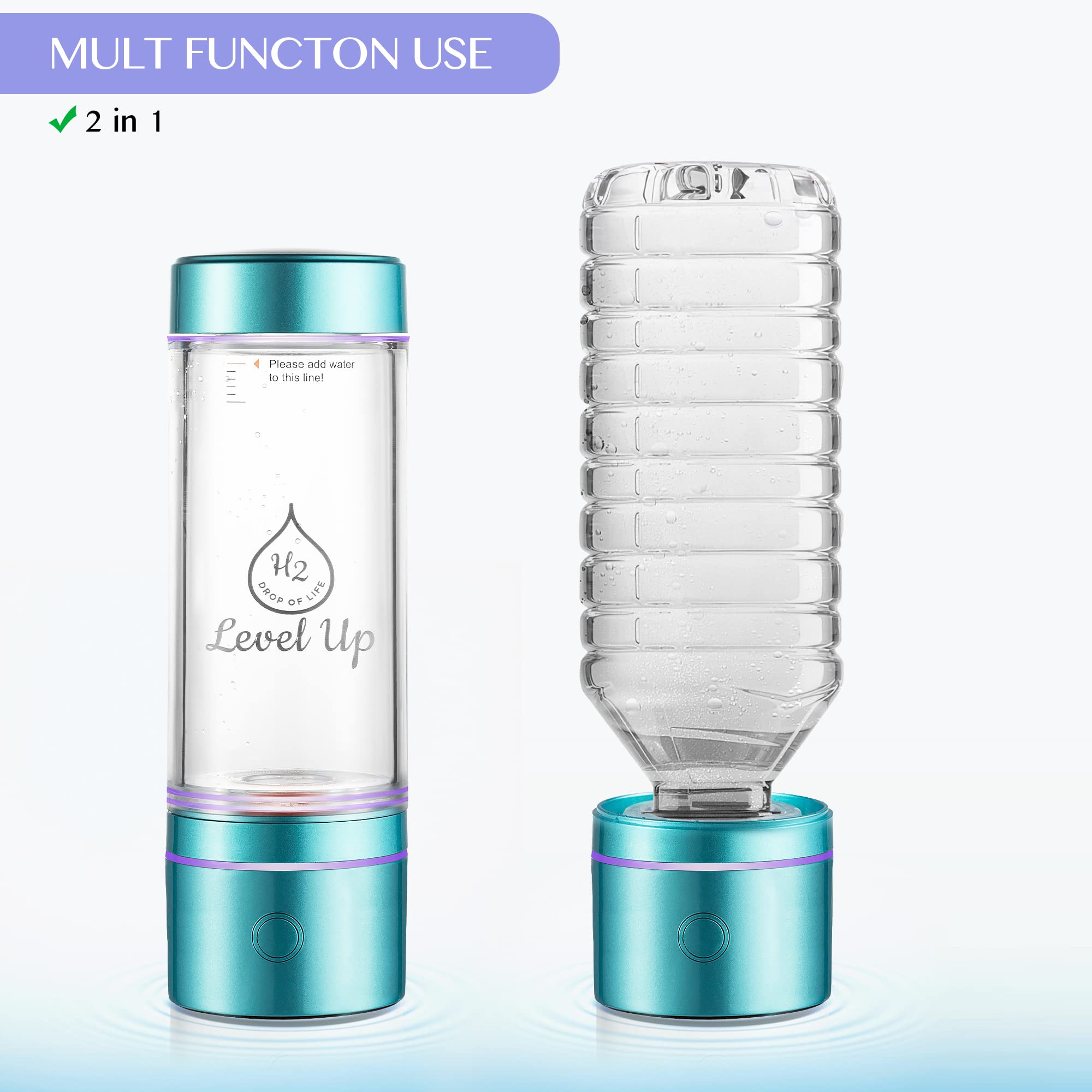 Level Up Way Hydrogen Water Bottle Generator – 2500 PPB H2 – Dual Chamber SPE PEM Technology – Blue