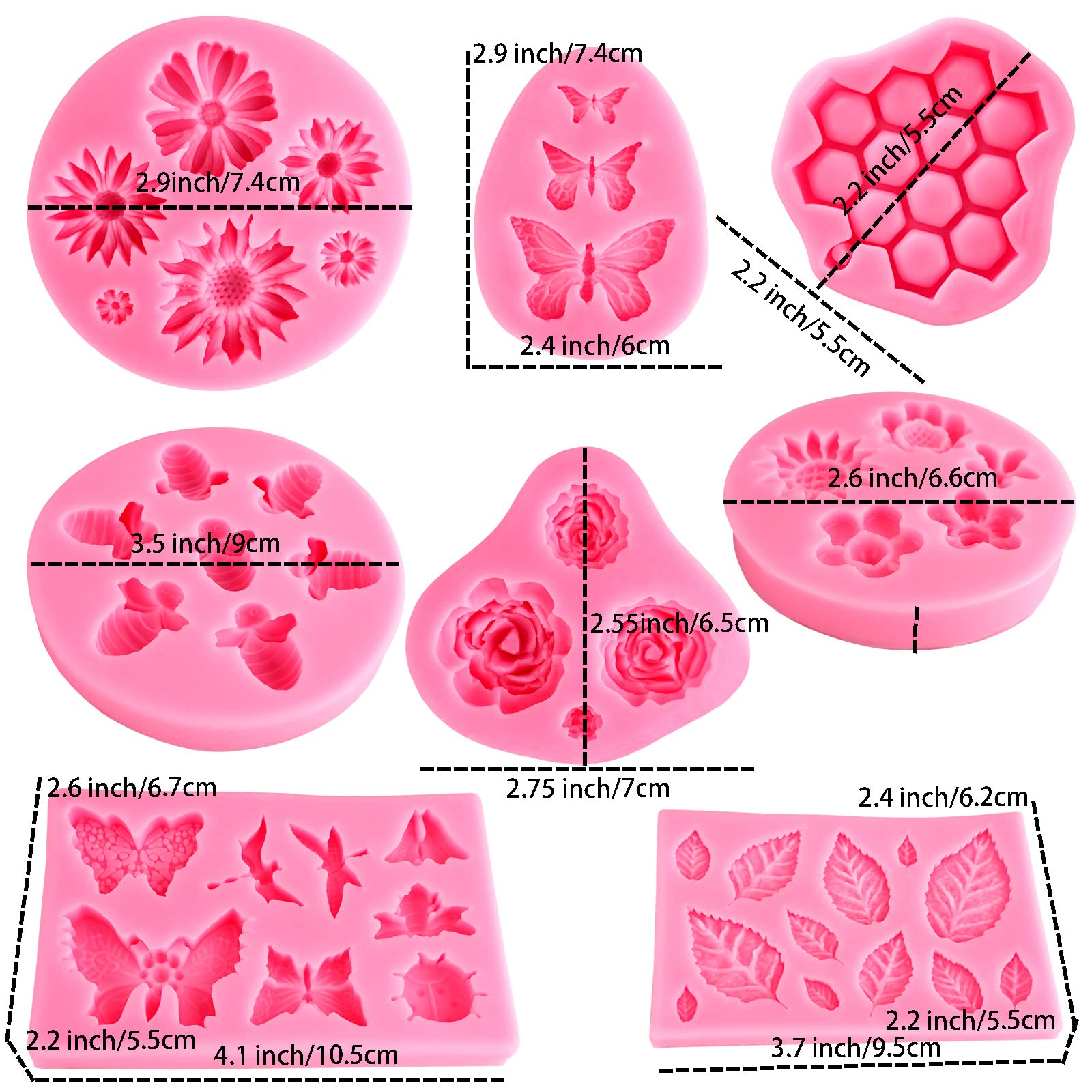 Silicone Mold Flower 8Pcs Chocolate Fondant Polymer Clay Candy Gummy Mold,Rose Leaf Butterfly Bee Honey Shaped Silicone Molds Fo