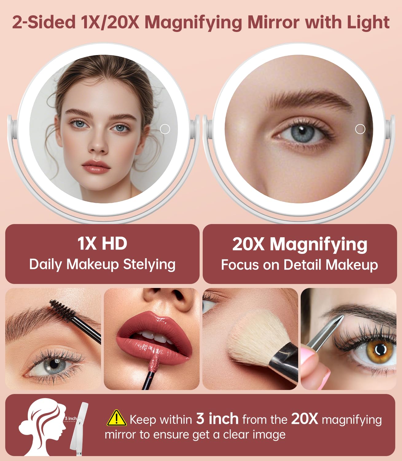 Benbilry 20X Magnifying Mirror with Light, Rechargeable 4000mAh Lighted Makeup Mirror with Magnification, Adjustable Height, 3 C