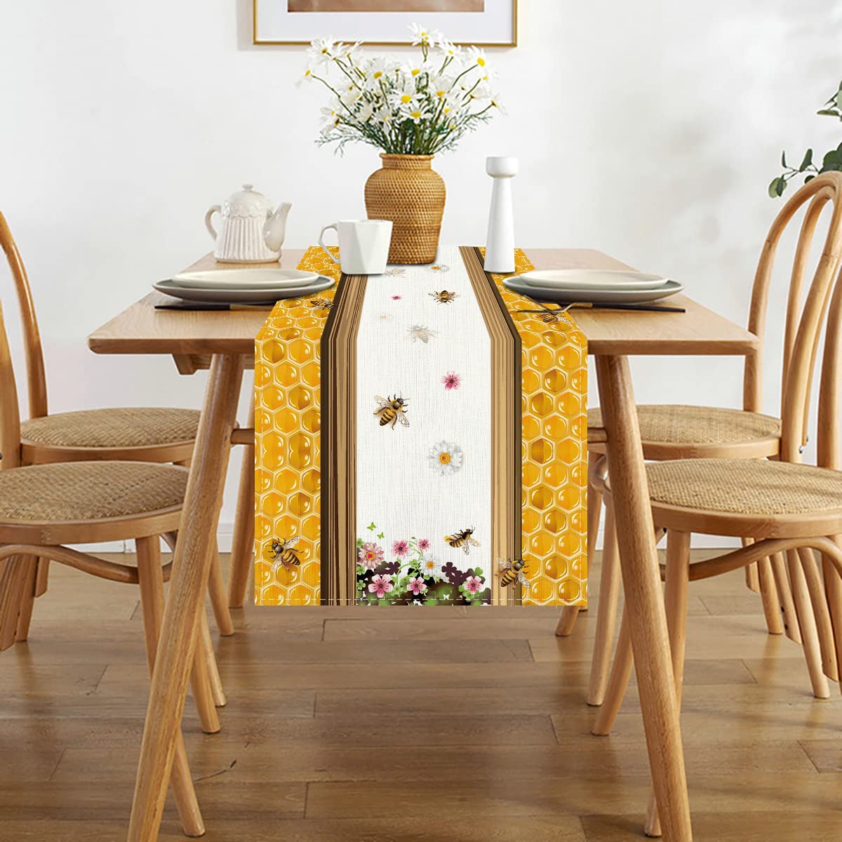 Linen Watercolor Floral Daisy Bee Table Runner 72 Inches Long Farmhouse Spring Summer Autumn Fall Home Kitchen Dinging Room Tabl