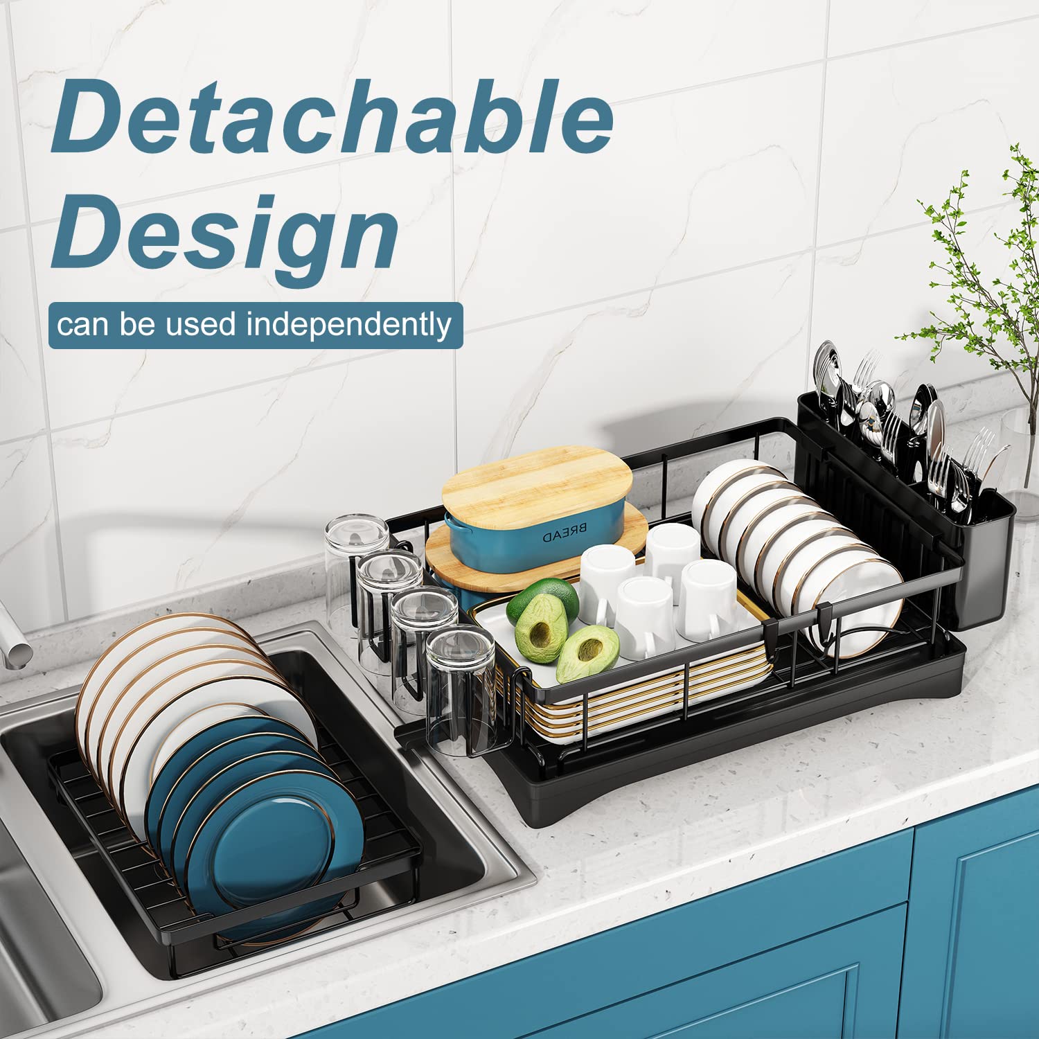 Doitsf 2 Tier Dish Drying Rack - Large Stainless Steel, Black, with Drainboard & Utensil Holders, Model DO001