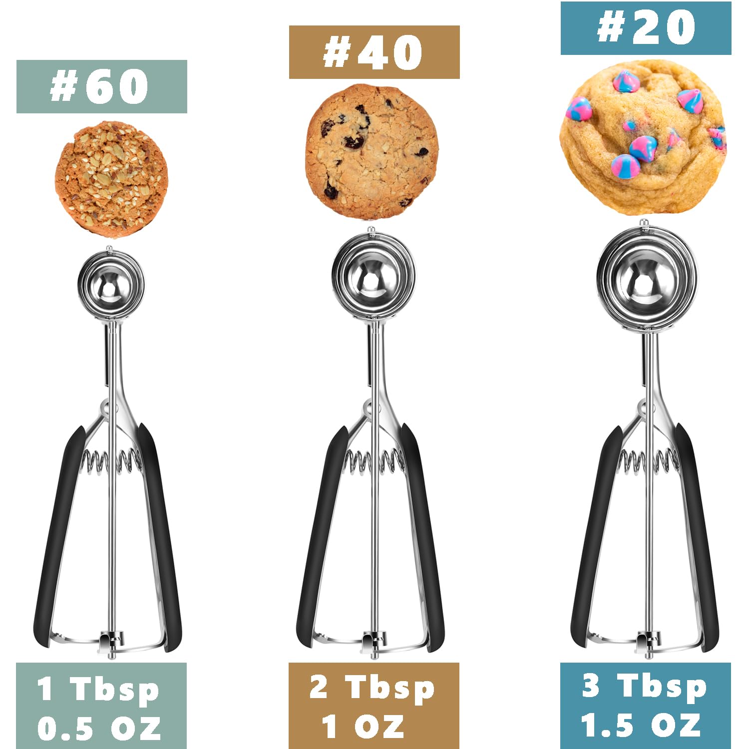 Homure H Cookie Scoop Set - Include 1 Tbsp/ 2 Tbsp/ 3Tbsp - 3 Pcs Cookie Scoops For Baking - Cookie Dough Scoop - Made Of 18/8 S