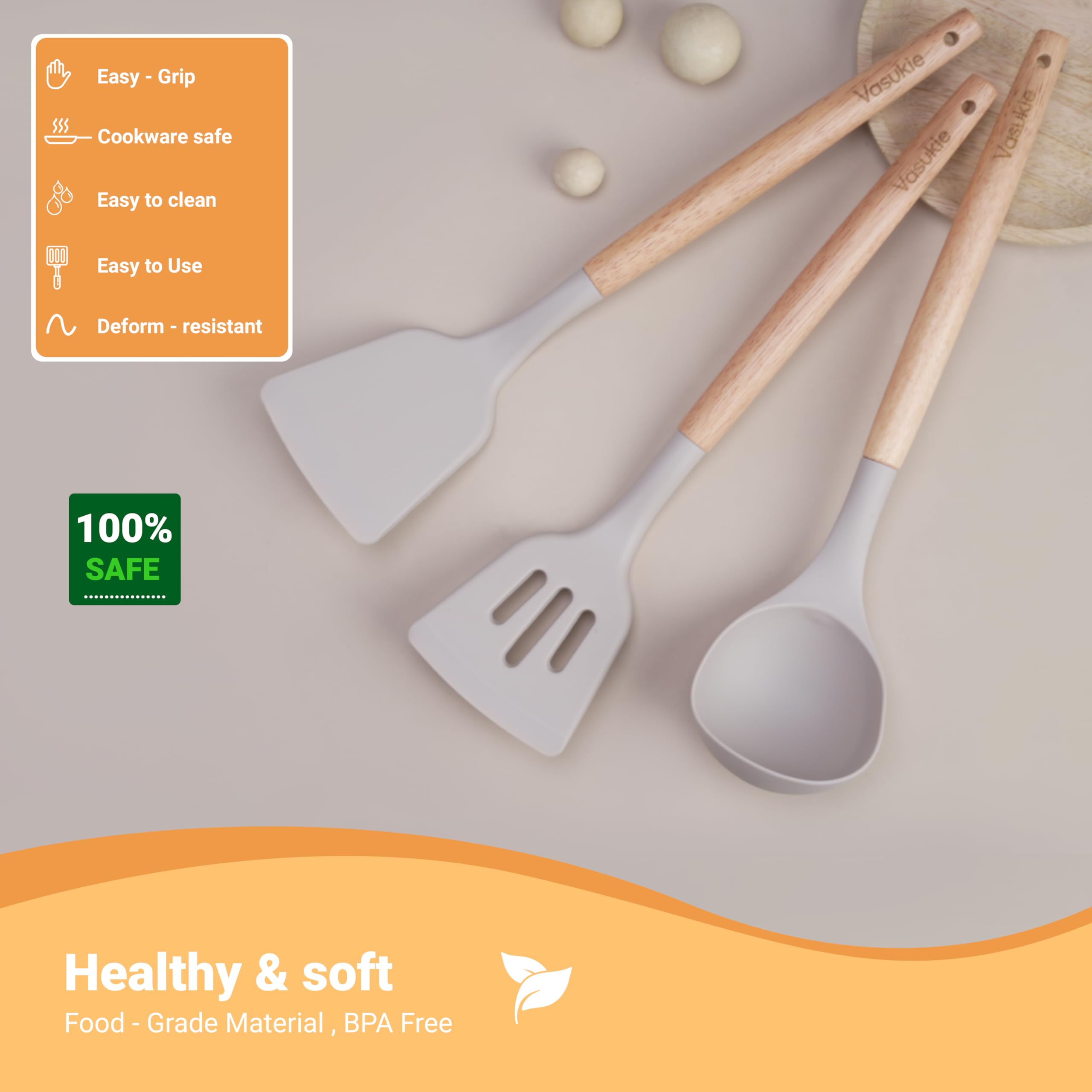 Vasukie Silicone Spatula Set with Wooden Handle for Kitchen | Spatula Silicone Set for Non Stick Pan | Kitchen Accessories Items