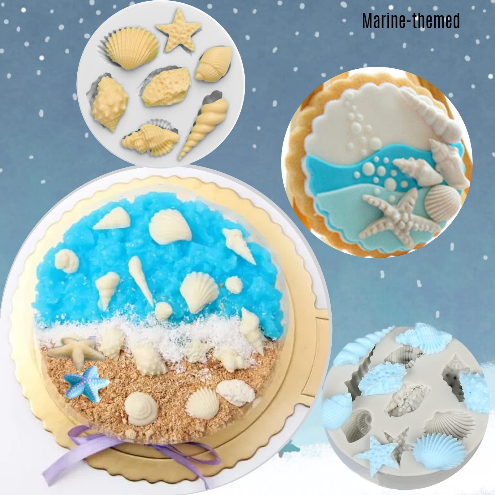4 Pcs Marine Fondant Silicone Molds,Starfish,Conch,Seashells Silicone Cake Fondant Molds,Chocolate Candy Baking Tool,For Cookie