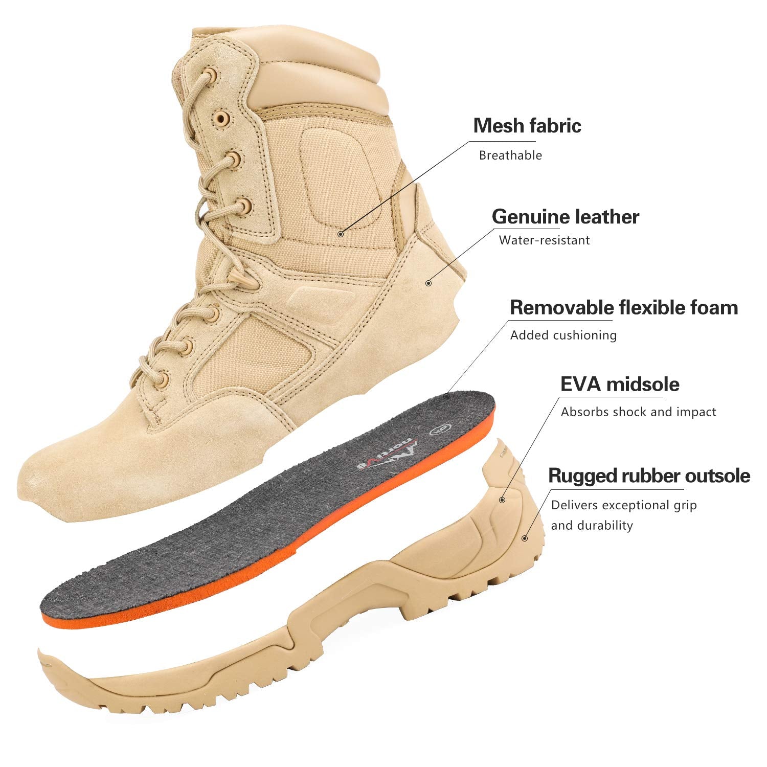 NORTIV 8 Men's Tactical Work Boots, Side Zip, Sand, Size 13, Outdoor Combat Hiking Booties