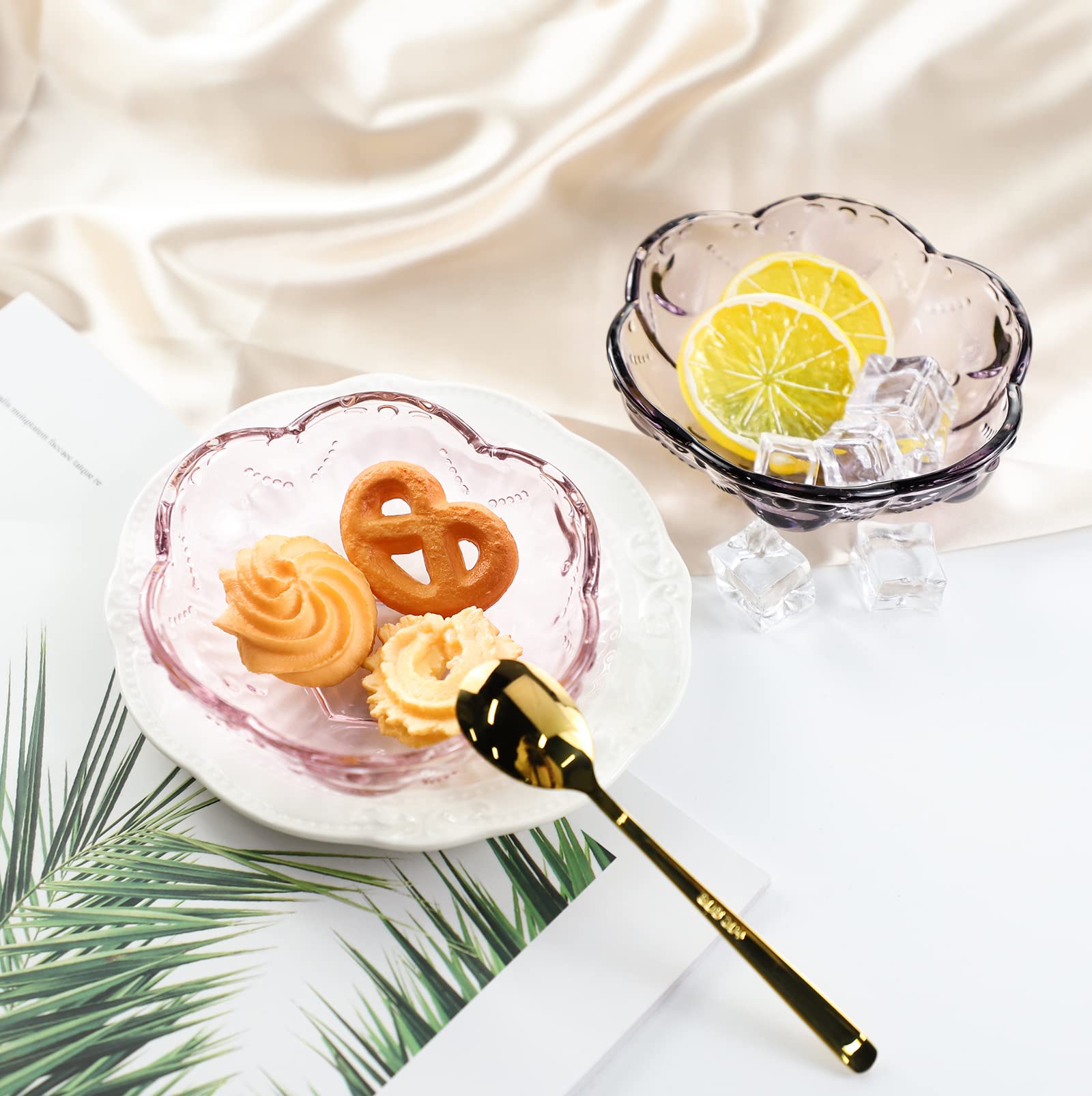 Choold Vintage Romantic Glass Sakura Shape Heart Embossed Dessert Bowl Ice Cream Bowl Dish Bowl Trifle Bowl Salad Bowl 8Oz