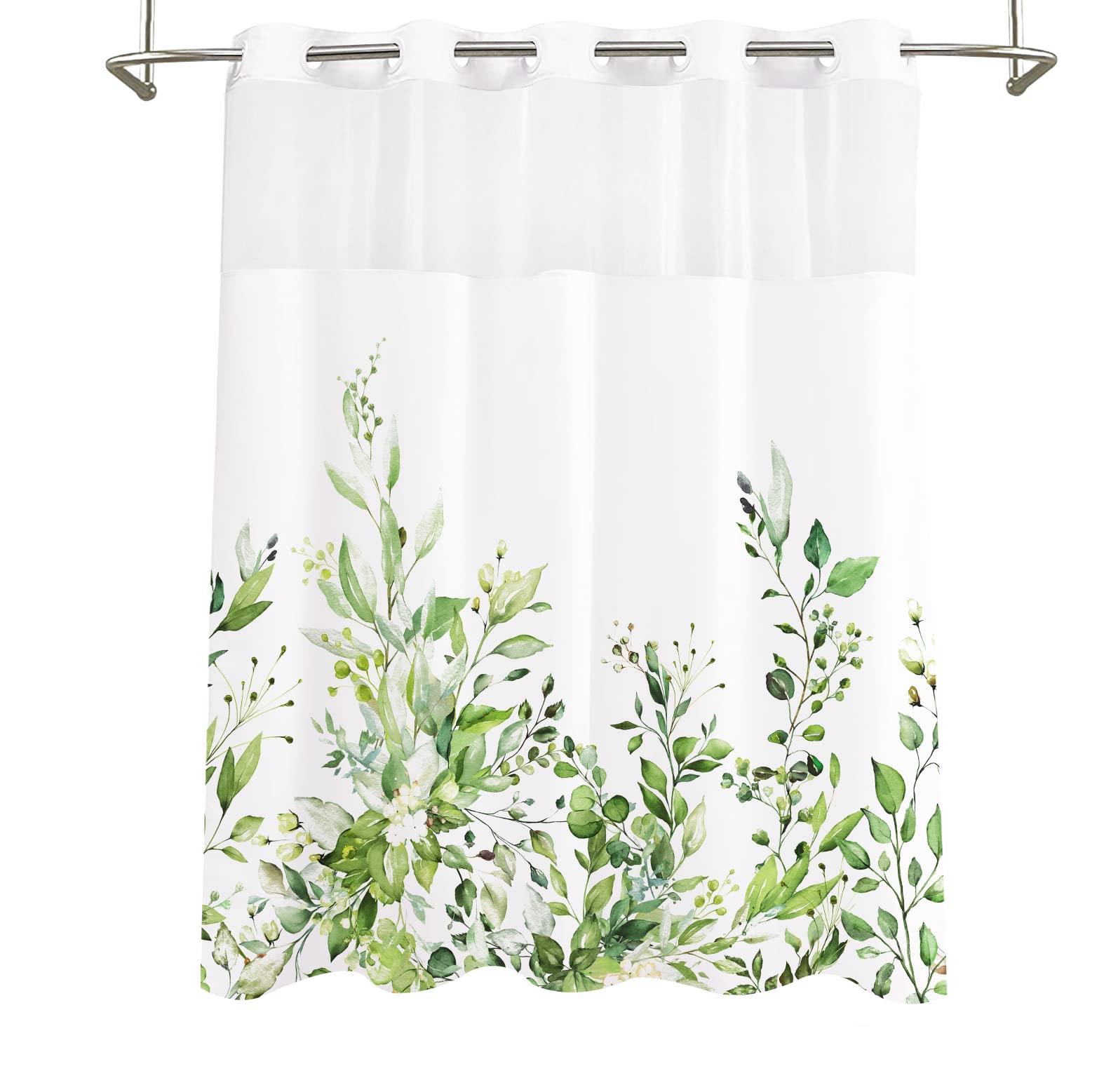 Tititex No Hooks Snap In Liner Greenery Green Eucalyptus Leaves Shower Curtain Sets, Hotel Luxury Double Layers Waterproof Fabri