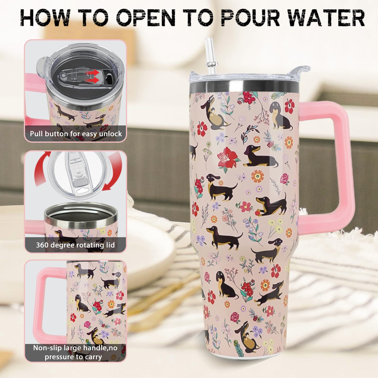 Nqhsionv Dachshund Tumbler with Handle and Straw 40 oz Weiner Dog Cup Cute Funny Dog Coffee Travel Mug Stainless Steel Insulated