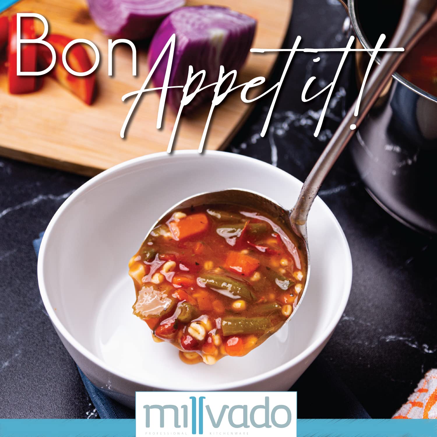 Millvado Ladle, Stainless Steel Soup Ladle, Metal Ladle For Serving Or Cooking Hot Soup, Dishwasher Safe, Heavy-Duty Cookware An