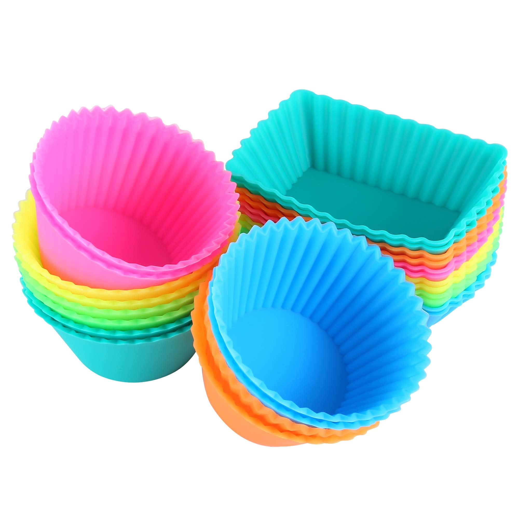 Ipow 24 Pack Silicone Cupcake Baking Cups Reusable Food-Grade Bpa Free Non-Stick Muffin Liners Molds Sets, 2 Shapes Round Rectan