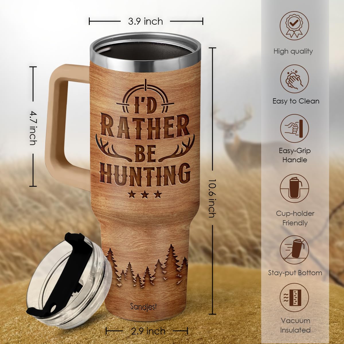 SANDJEST Hunting Tumbler Gift for Men, 40oz Stainless Steel Insulated Coffee Tumbler With Lid & Straw, Travel Cup Gift for Dad H