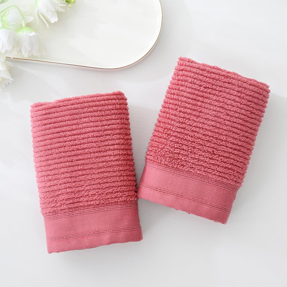 Yiluomo Pink Hand Towel Set Of 2 Ribbed Striped 100% Cotton Quick Dry Soft And Absorbent Bathroom Decorative Hand Towel 13 X 29