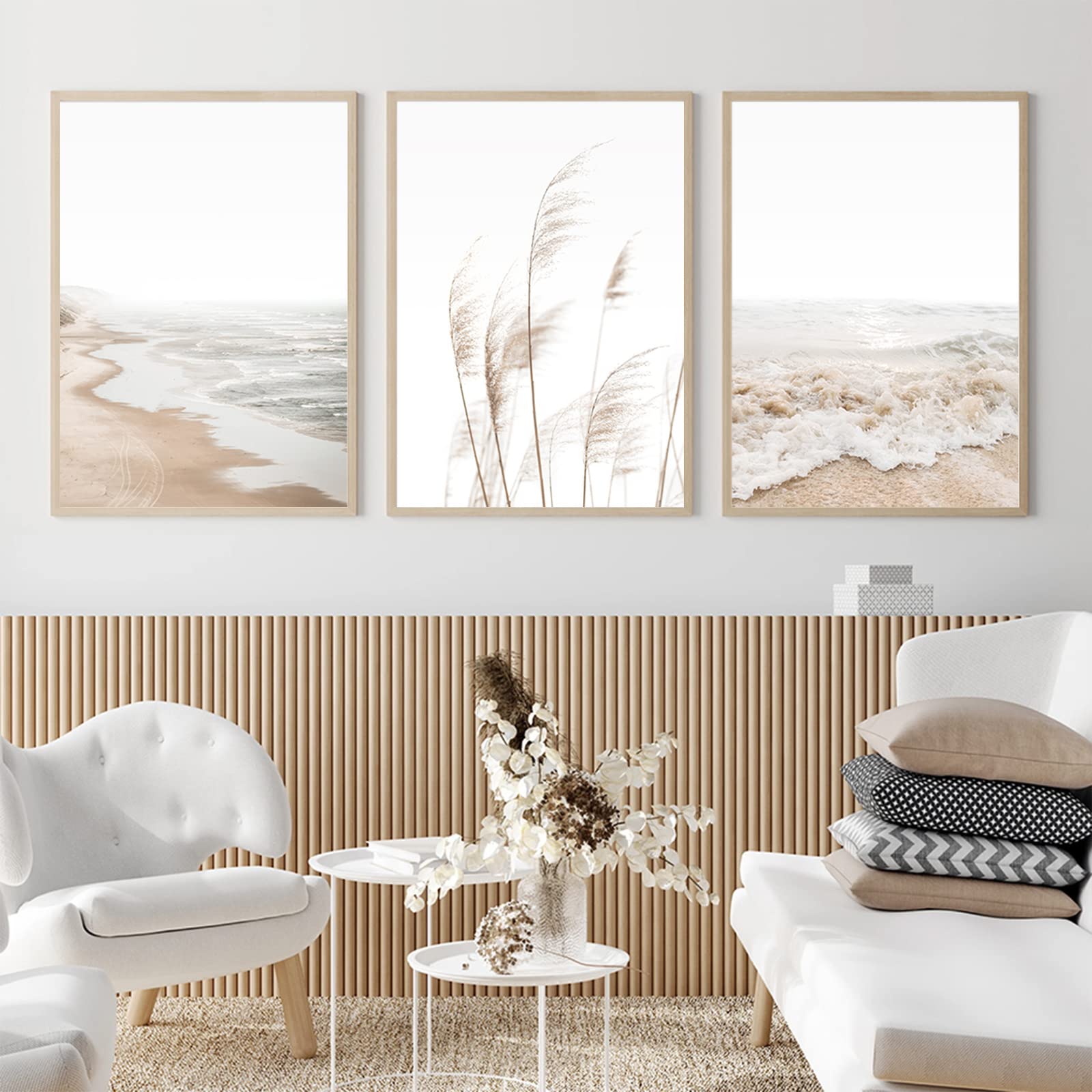 Beach Boho Prints Coastal Canvas Unframed, Beach Pictures Wall Art Pampas Grass Ocean Poster Plant Landscape Beach Scene Artwork