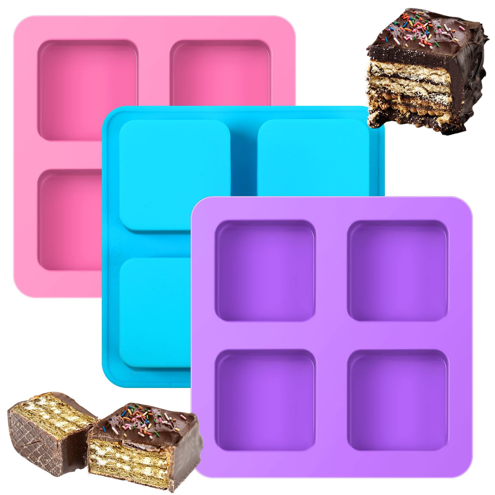 Boardfeb 4 Cavity Chocolate Covered Cookie S'Mores Molds, 3Pcs Silicone Square Molds Reusable Non Stick Silicone Trays For Smore