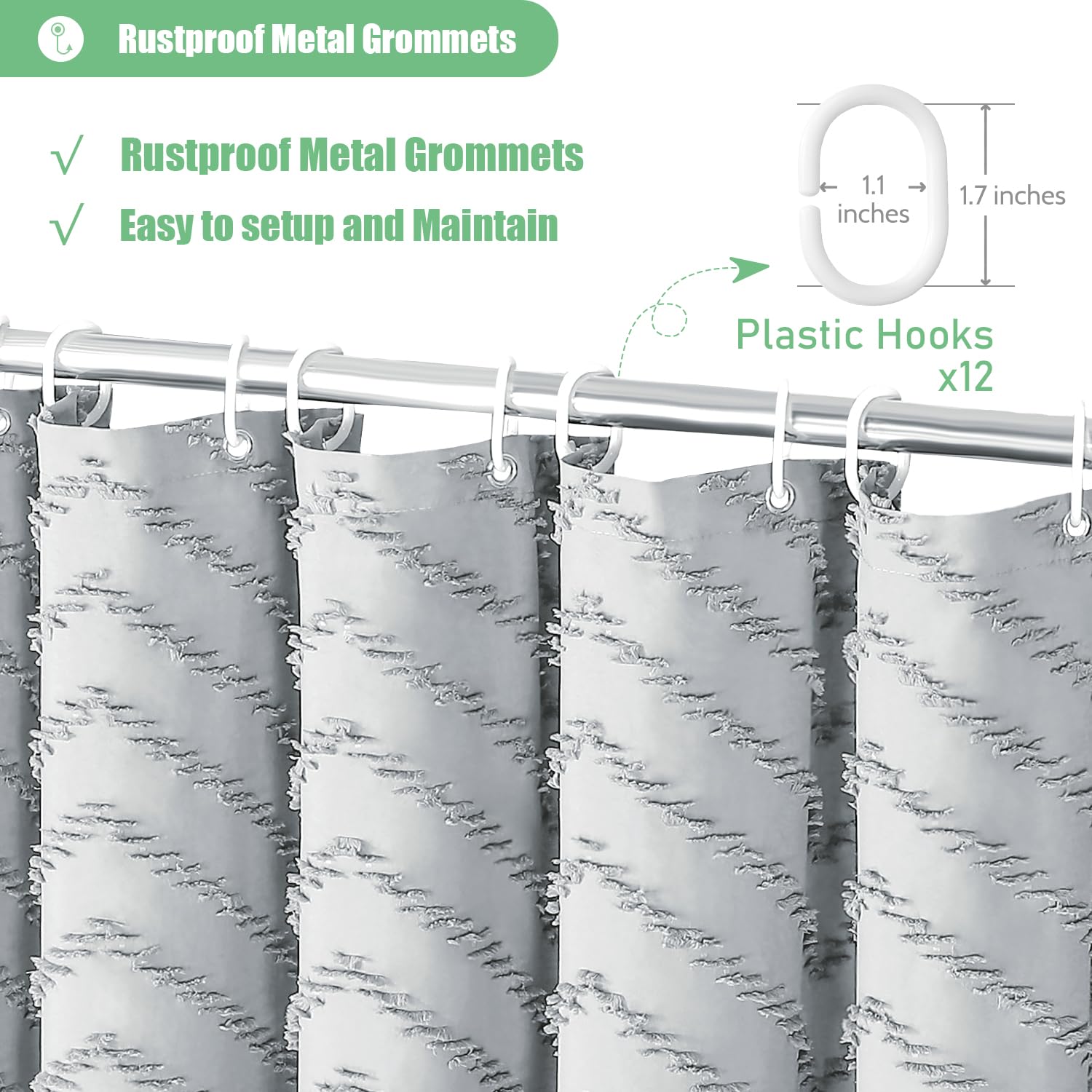 Dynamene Boho Farmhouse Shower Curtain, Grey Fabric Tufted Chevron Striped Textured Tassel Shower Curtains For Bathroom, Water R