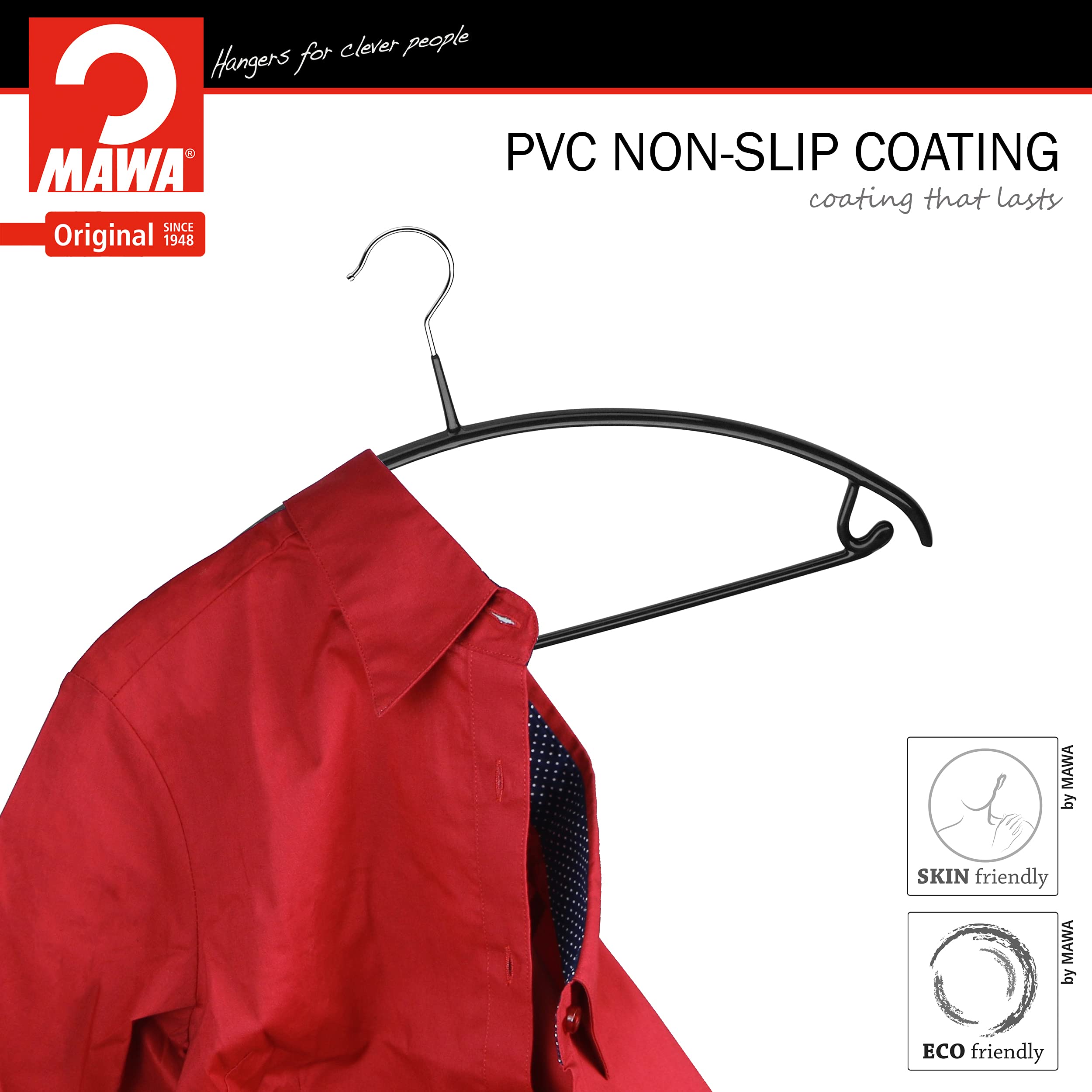 Mawa By Reston Lloyd Non Slip Metal Clothing Hanger, Smooth Shoulder Support With Skirk Hooks/Pant Bar, Model 42-U