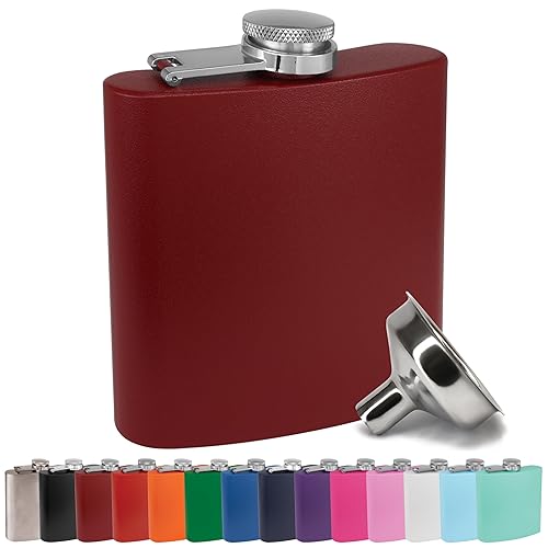 Clear Water Home Goods - 6 Oz Powder Coated Stainless Steel Hip Flask - Wedding Party - Groomsman - Bridesmaid (Matte Maroon Fla