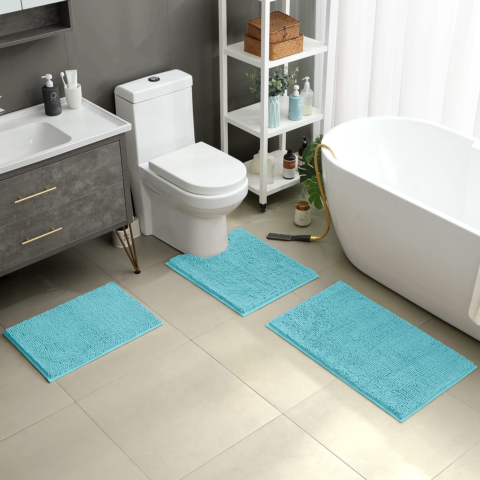 HOMEIDEAS 3 Pieces Bathroom Rugs  Ultra Soft Non Slip Absorbent Chenille Toilet Bath Mat Set (Aqua Blue)