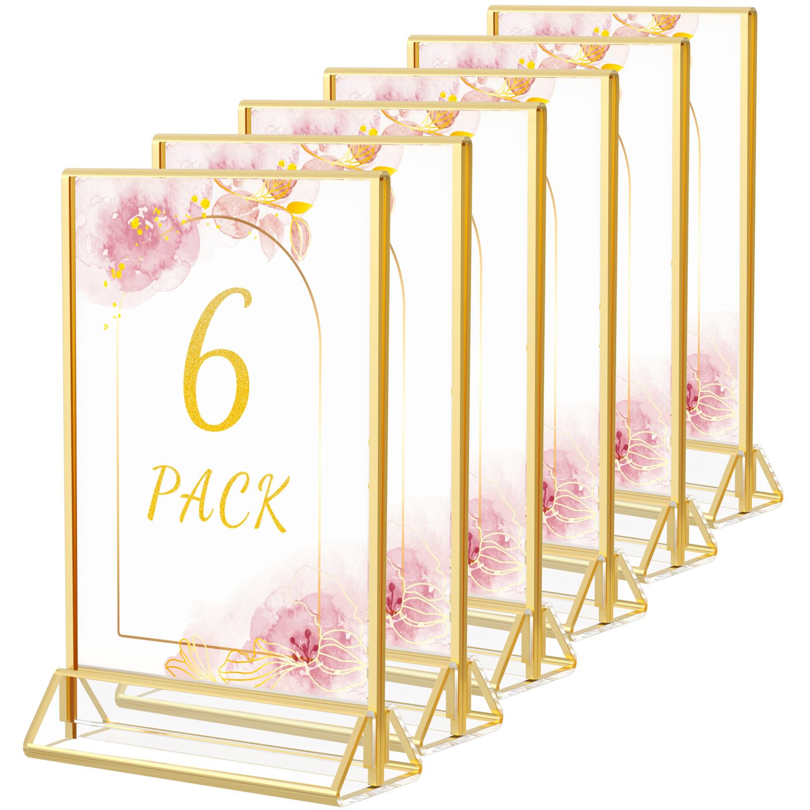 Hiimiei Acrylic Gold Frames Sign Holders 4X6, Double Sided Table Menu Display Stand, Wedding Table Numbers Holder(6 Pack)