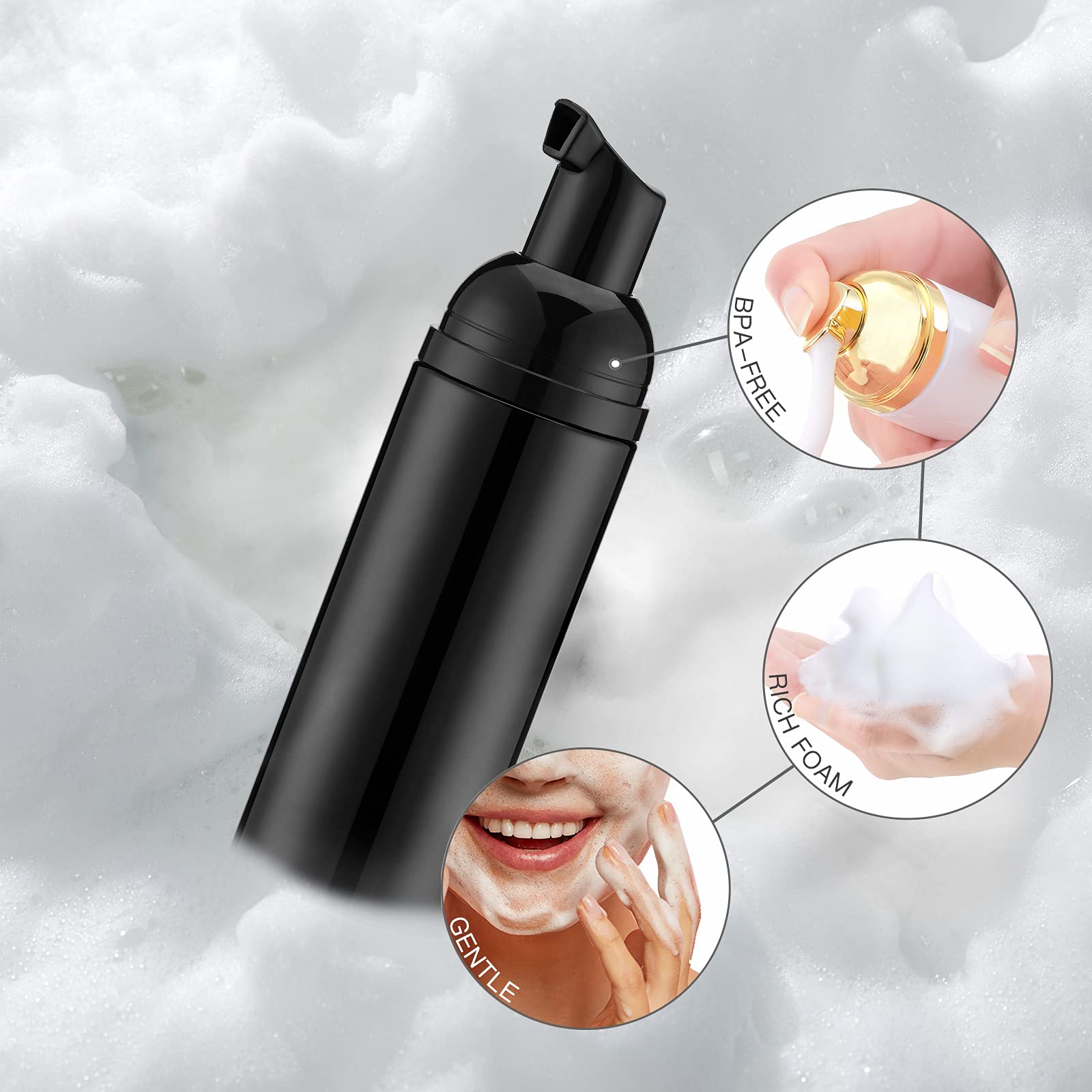 Tekson Soap Foam Bottle (Black Pump), Empty Travel Foaming Lash Shampoo For Cleanser, Dispenser (60Ml, 2 Fl Oz)