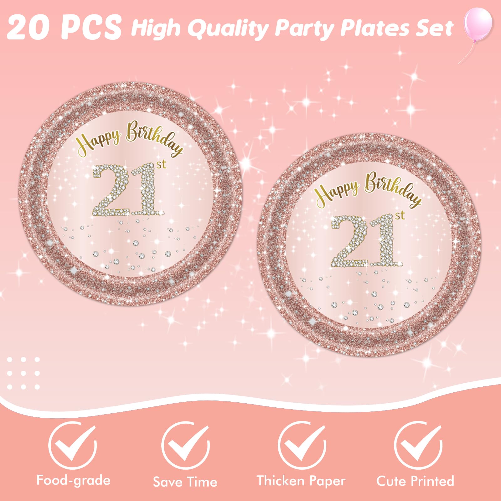 41Pcs 21St Birthday Decorations For Girls Her, Rose Gold Birthday Party Supplies Include 20Pcs Plates 20Pcs Napkins And 1Piece T