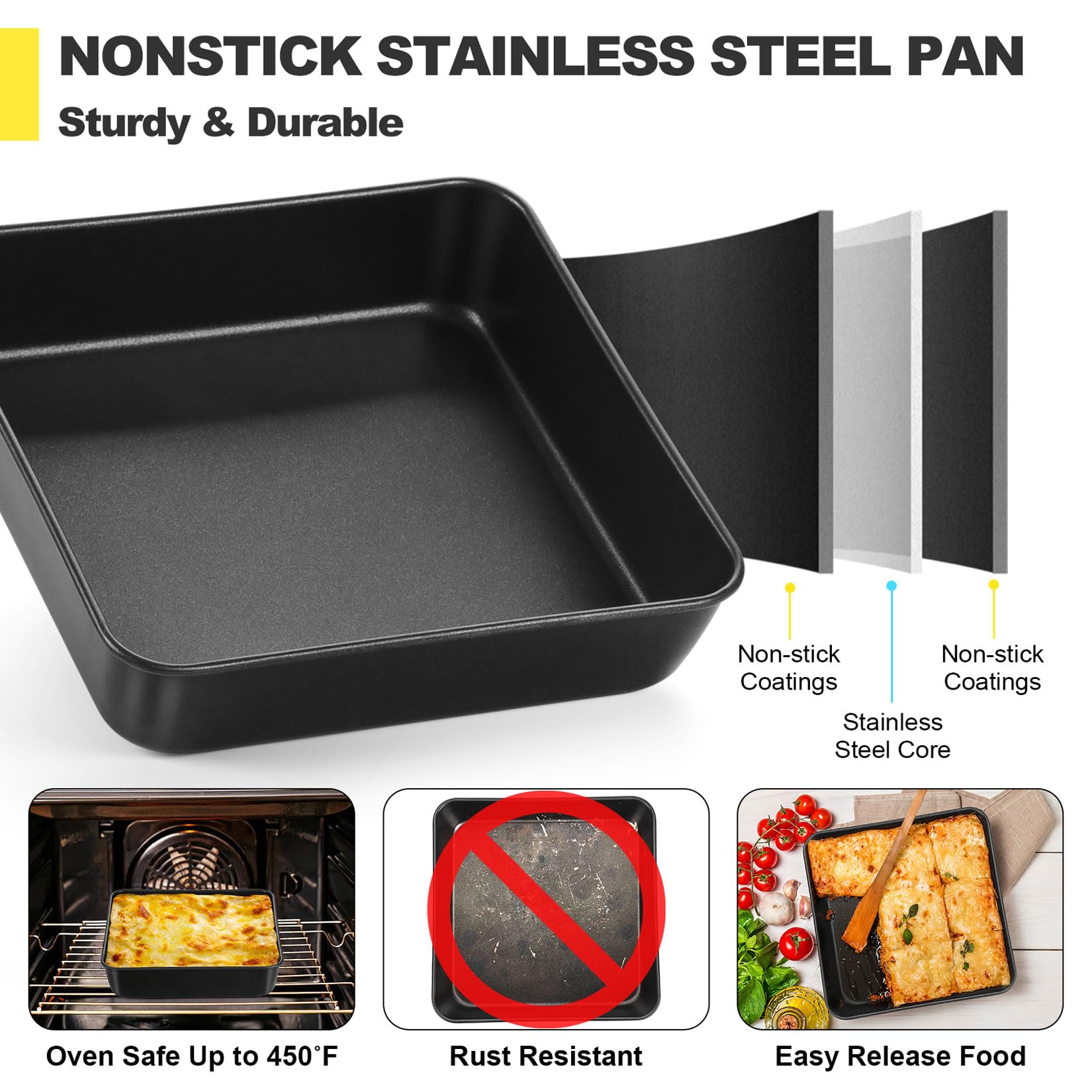 P&P Chef Square Baking Pan With Lid Set, 8 Inch Non-Stick Square Cake Pans For Oven Cooking Brownie Lasagna, Stainless Steel Cor