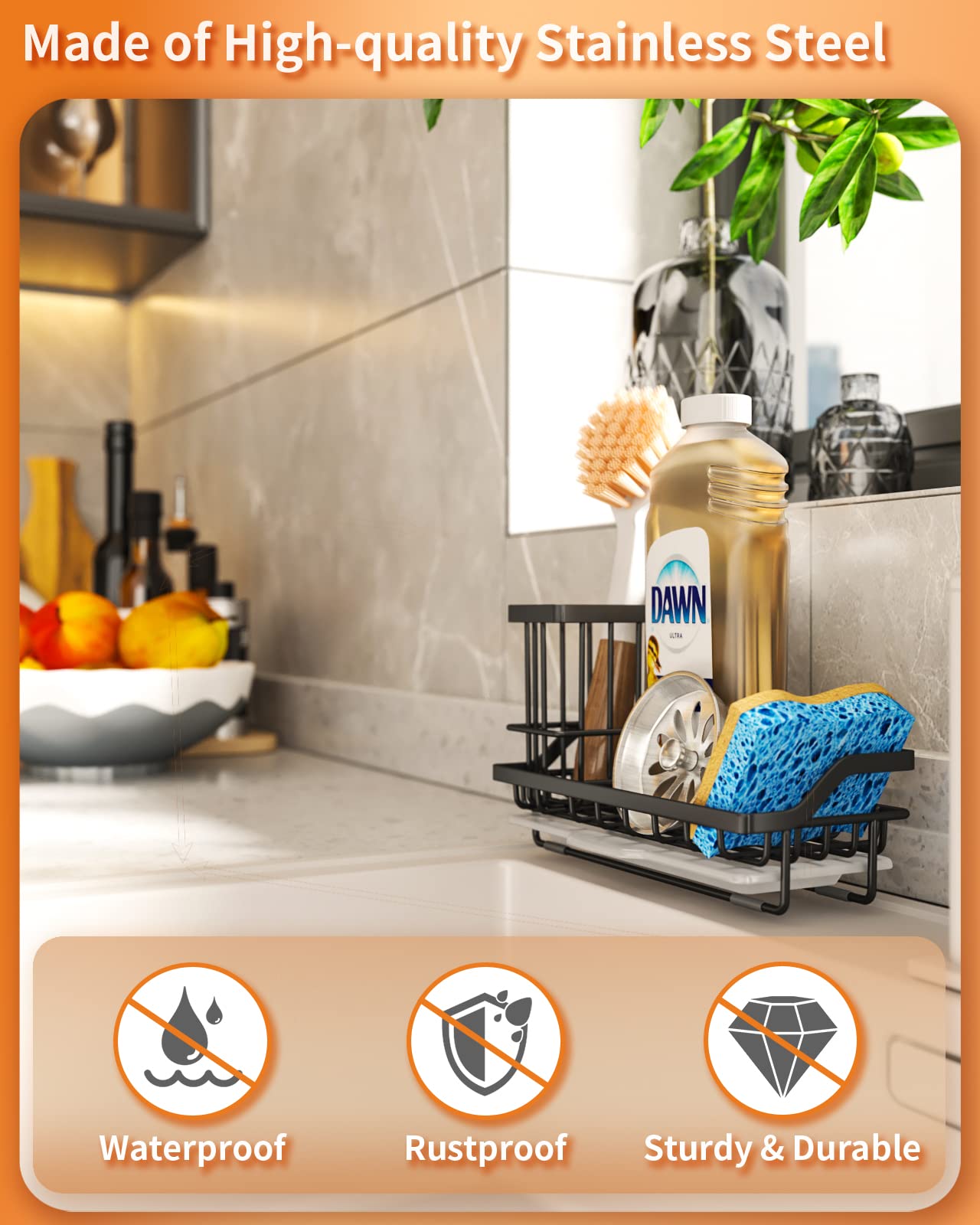 Swtymiki Sink Caddy Kitchen Sink Organizer With Detachable Brush Holder, Stainless Steel Sink Sponge Holder With Removable Drip