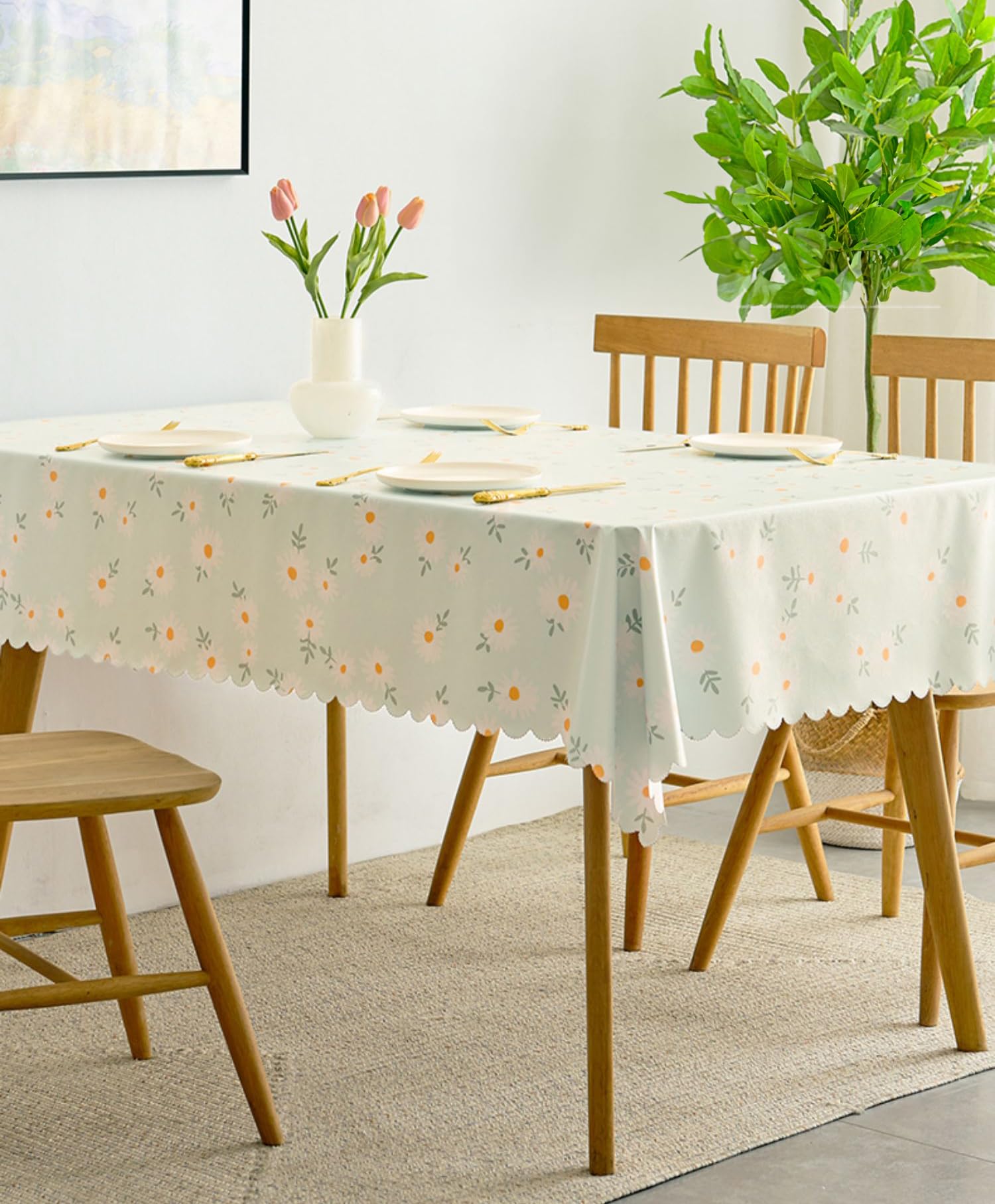 Wolpin Polyvinyl Chloride Pvc Dining Rectangular Table Cover & 4 Seater Center Table Cloth - Green Daisy Flower Print Oil Proof,