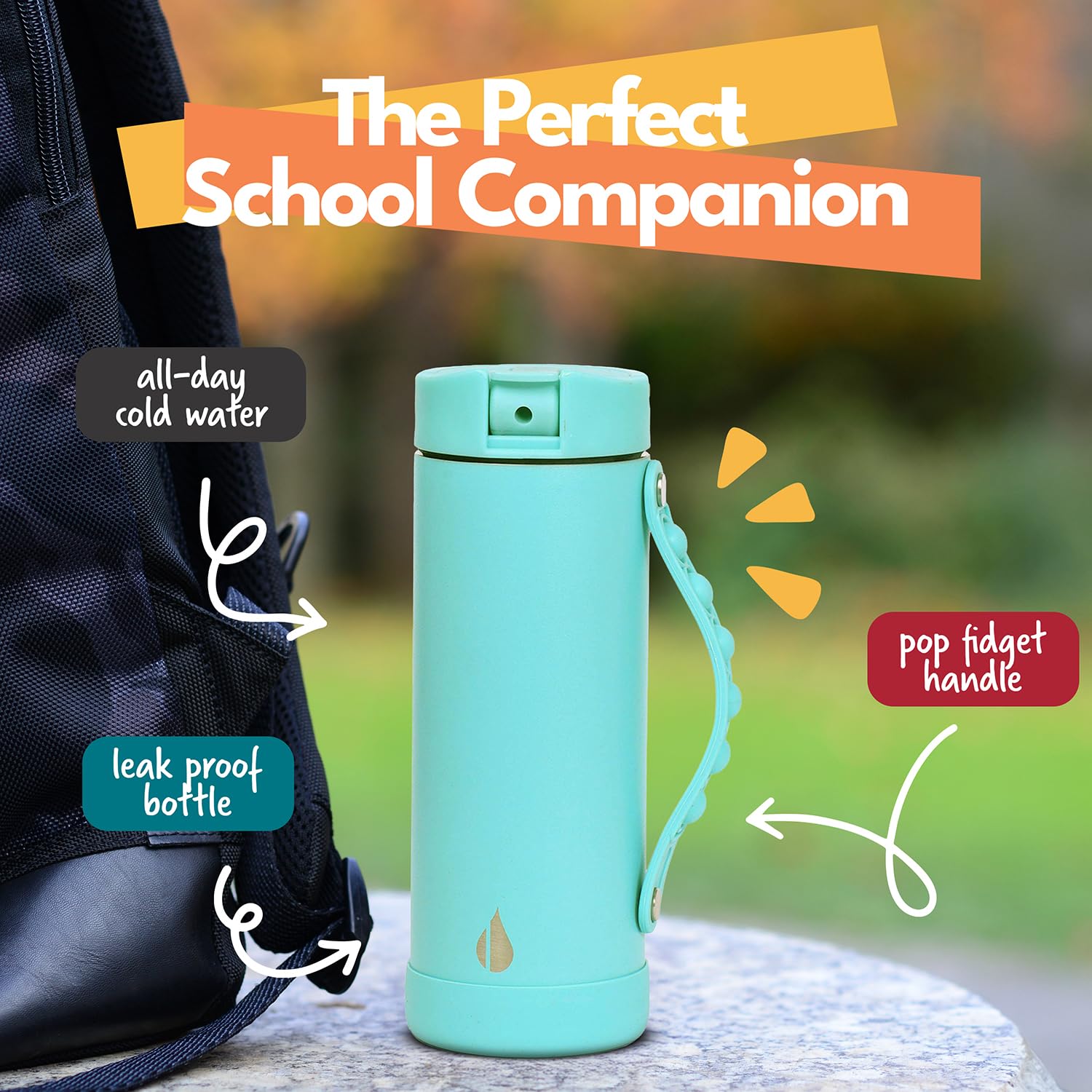 Elemental Iconic Kids Water Bottle With Straw Lid & Stress Reliever Pop It Handle, Leak-Proof When Closed, Triple Insulated Stai