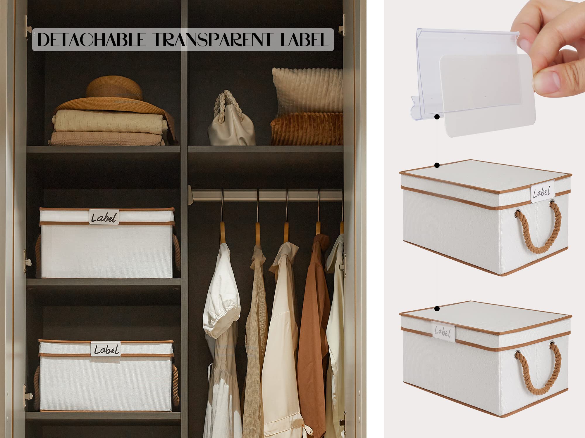 LoforHoney Home Fabric Storage Bins with Lids for Organizing  Foldable Storage Boxes with Lids for Shelves  Clothes Baskets with Cotton Rope Handles  Closet Storage Bins  Large  Beige & Brown  2-Pack