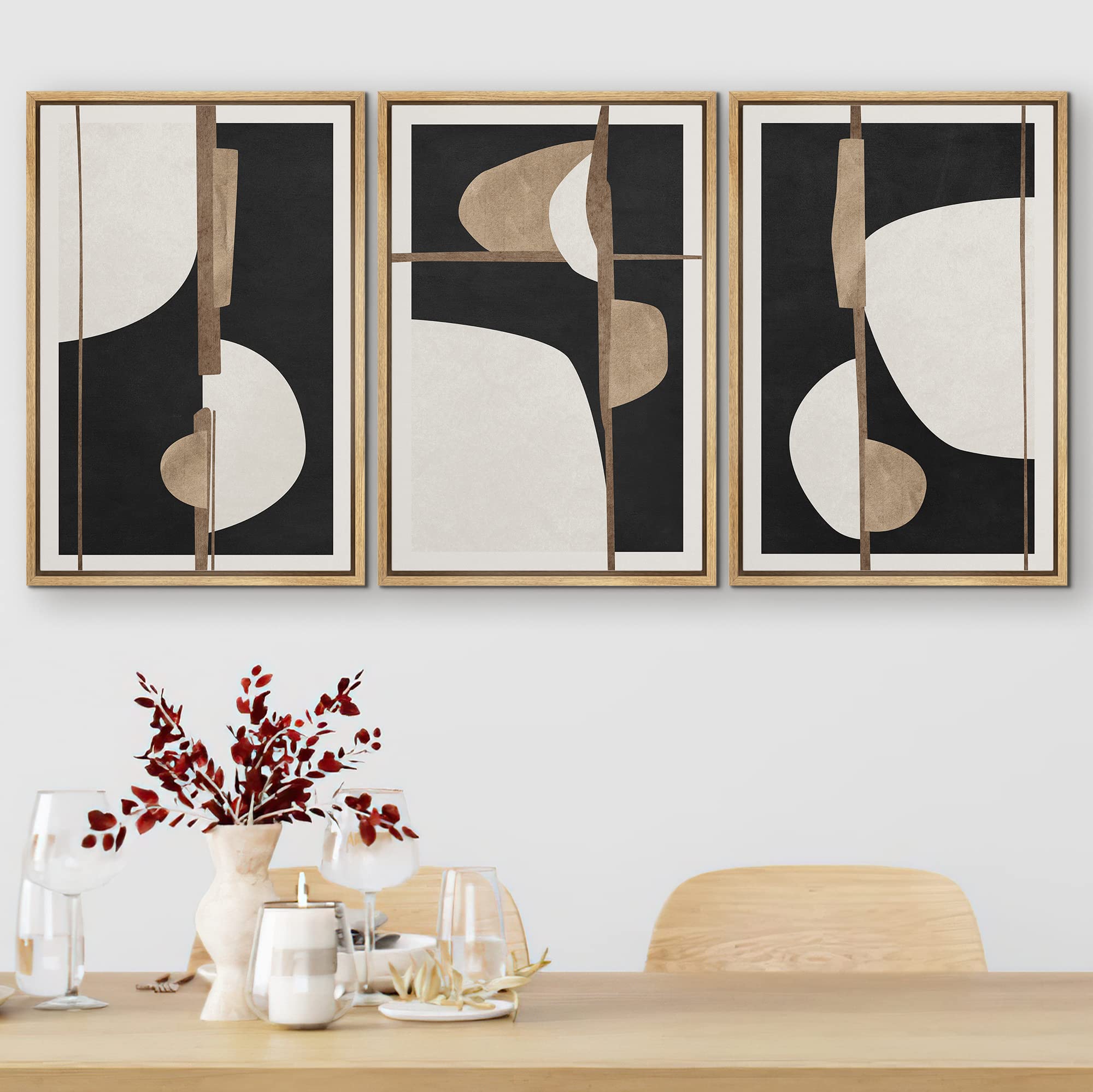 Signford Framed Canvas Print Wall Art Set Mid-Century Geometric Pattern Collage Abstract Shapes Illustrations Modern Art Bohemia