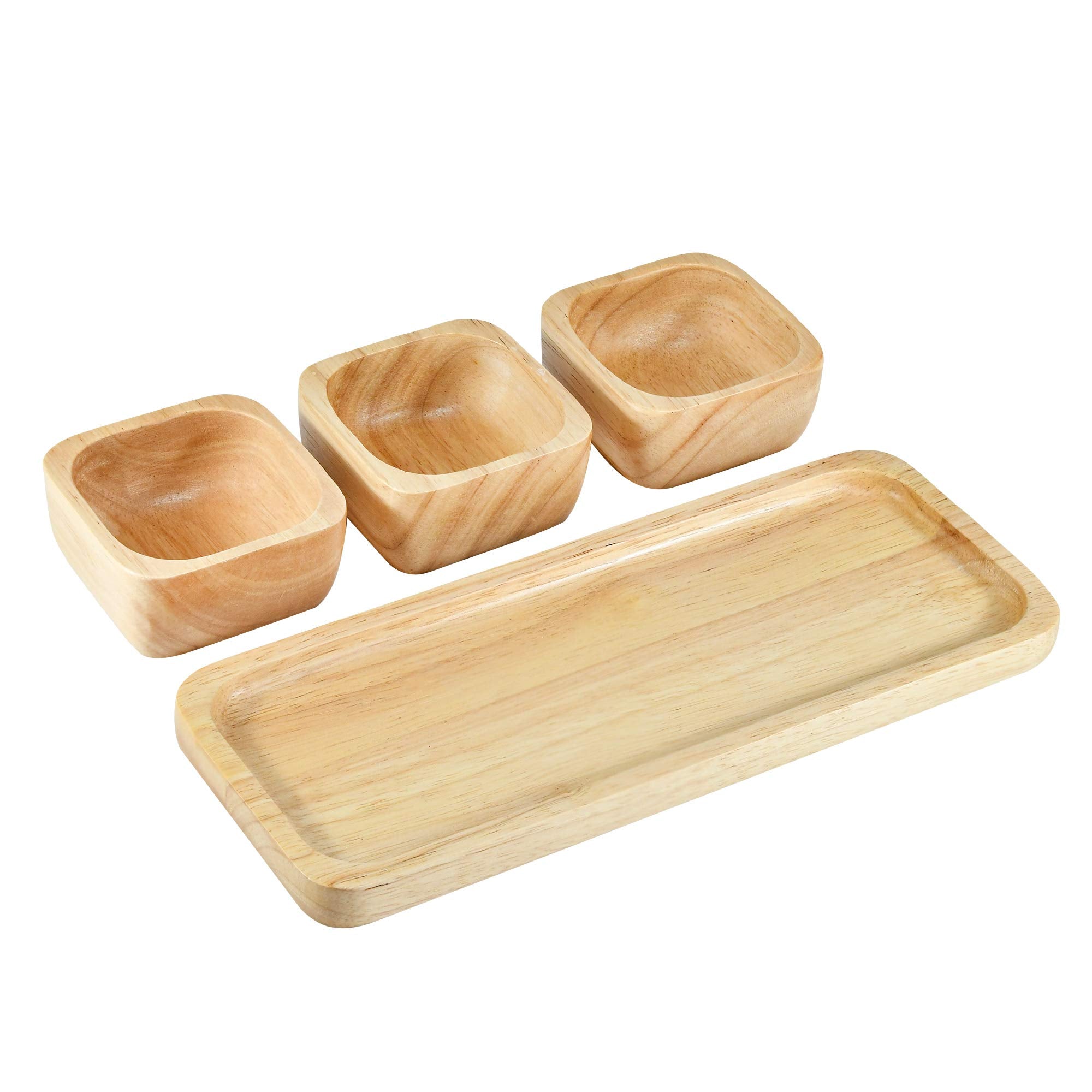 Aeravida Functional Kitchen D  Cor Snack Plate With Three Square Bowl Natural Brown Rubber Tree Wood Set | Wooden Square Bowls F
