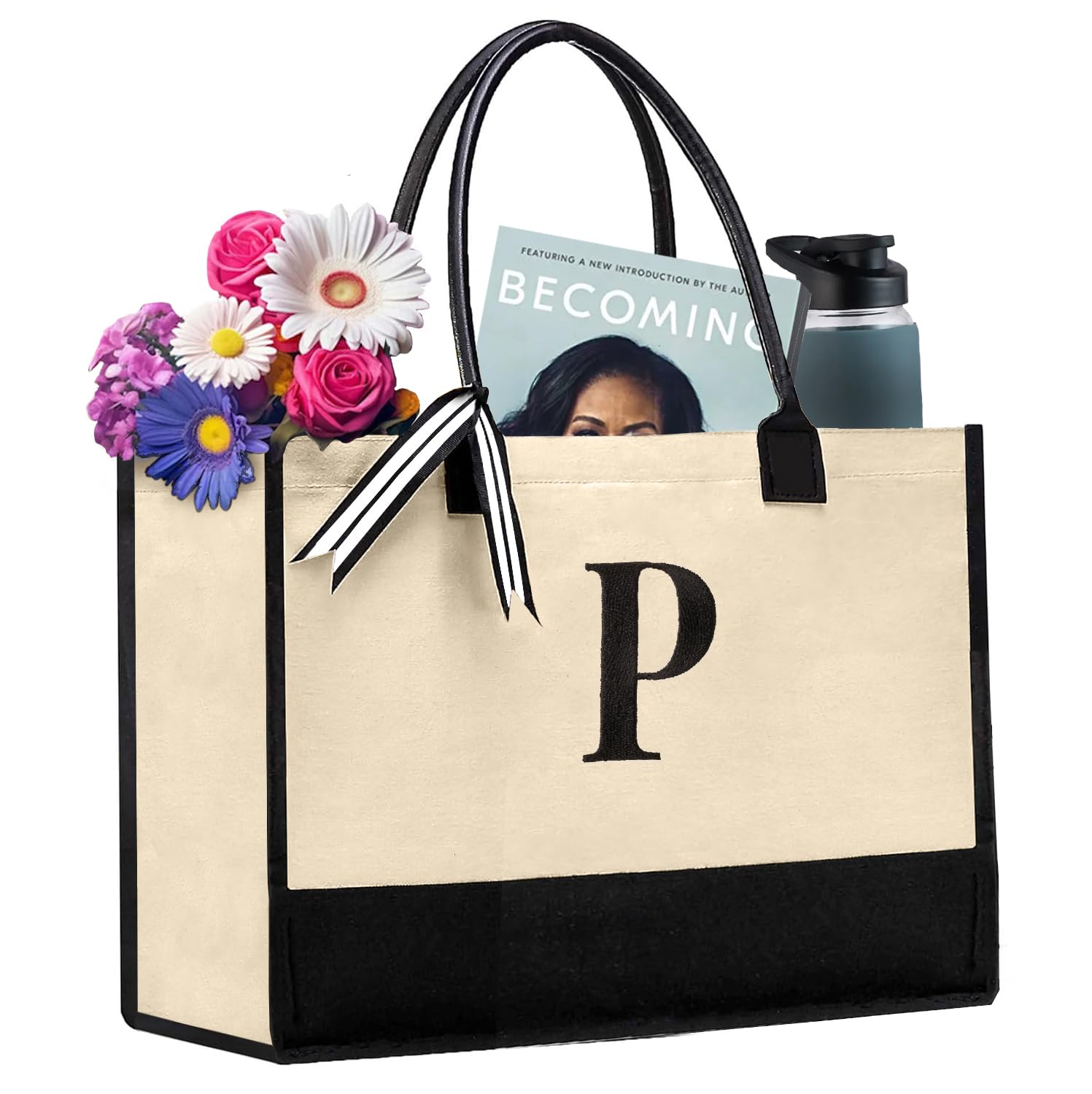 Salt Earth 100% Cotton Personalized Everyday Canvas Initial Tote Bag For Women, Monogrammed Large Utility Bag For Beach, Travel,