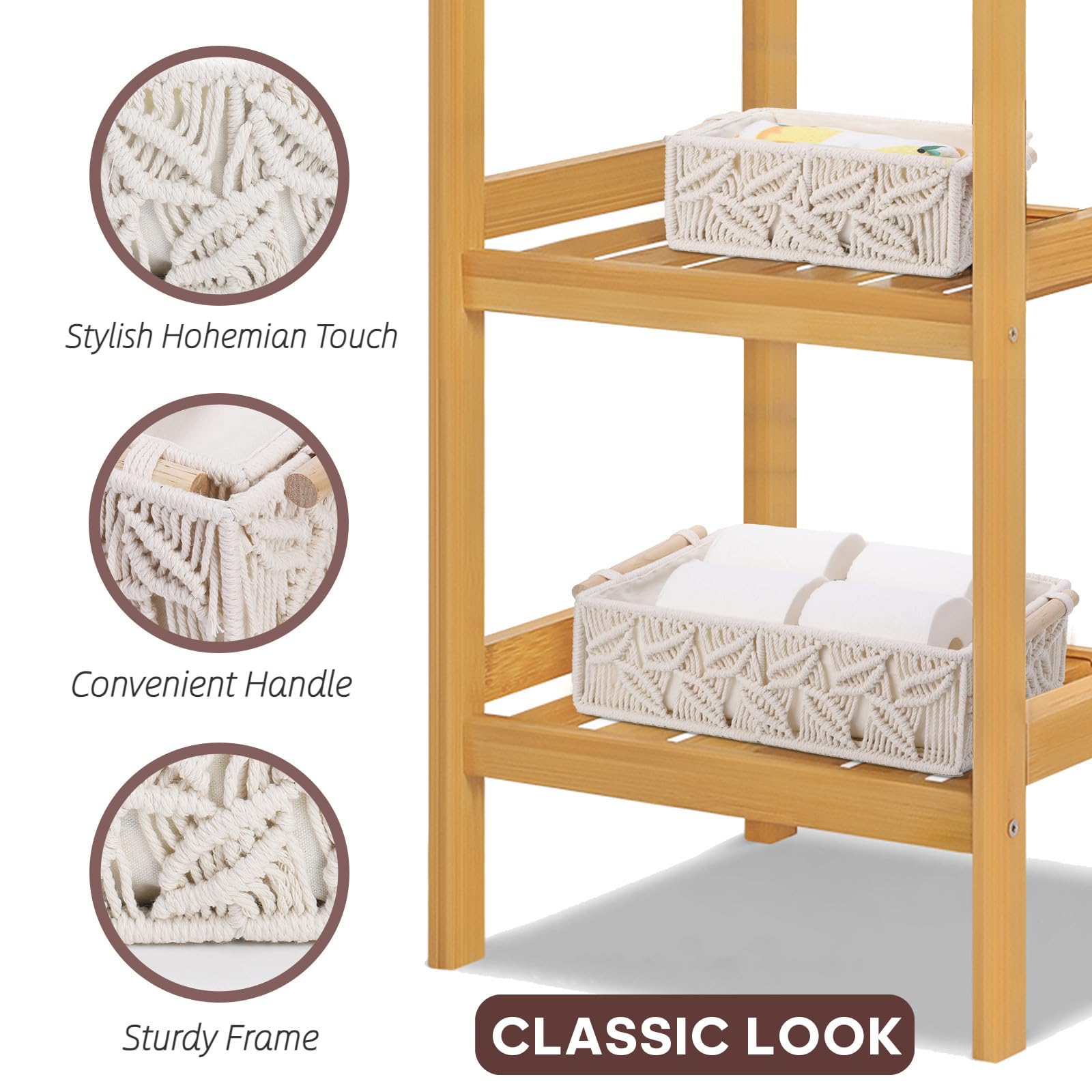 Zoofox Set Of 3 Macrame Storage Basket, Handmade Woven Boho Basket With Cloth Liner And Wooden Handles, Decorative Toilet Tank S