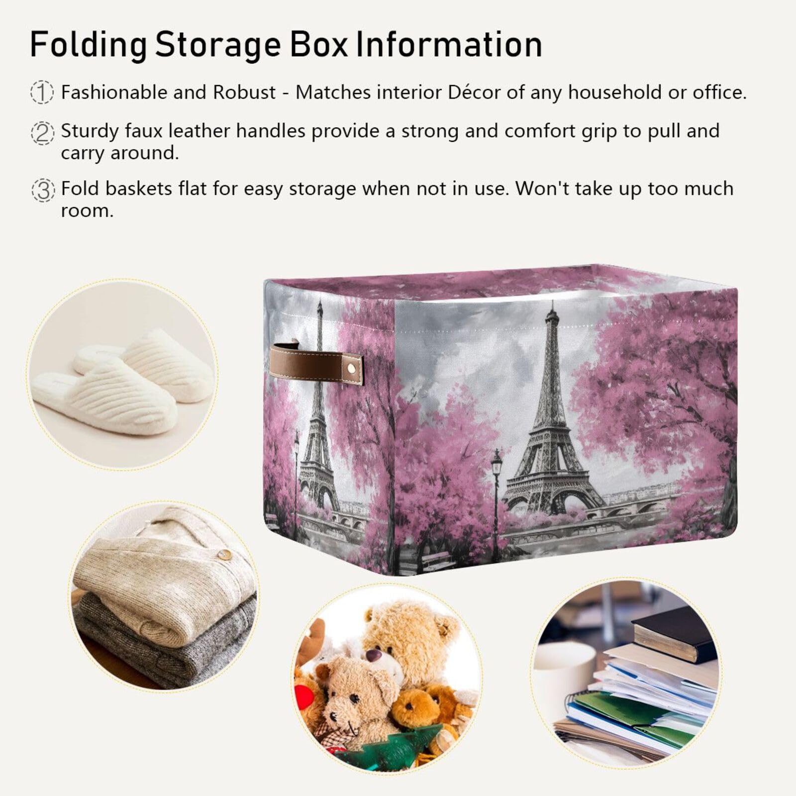 Xigua Oil Painting Paris Foldable Storage Basket For Shelves, Collapsible Sturdy Storage Bin With Handles, Canvas Storage Cube F