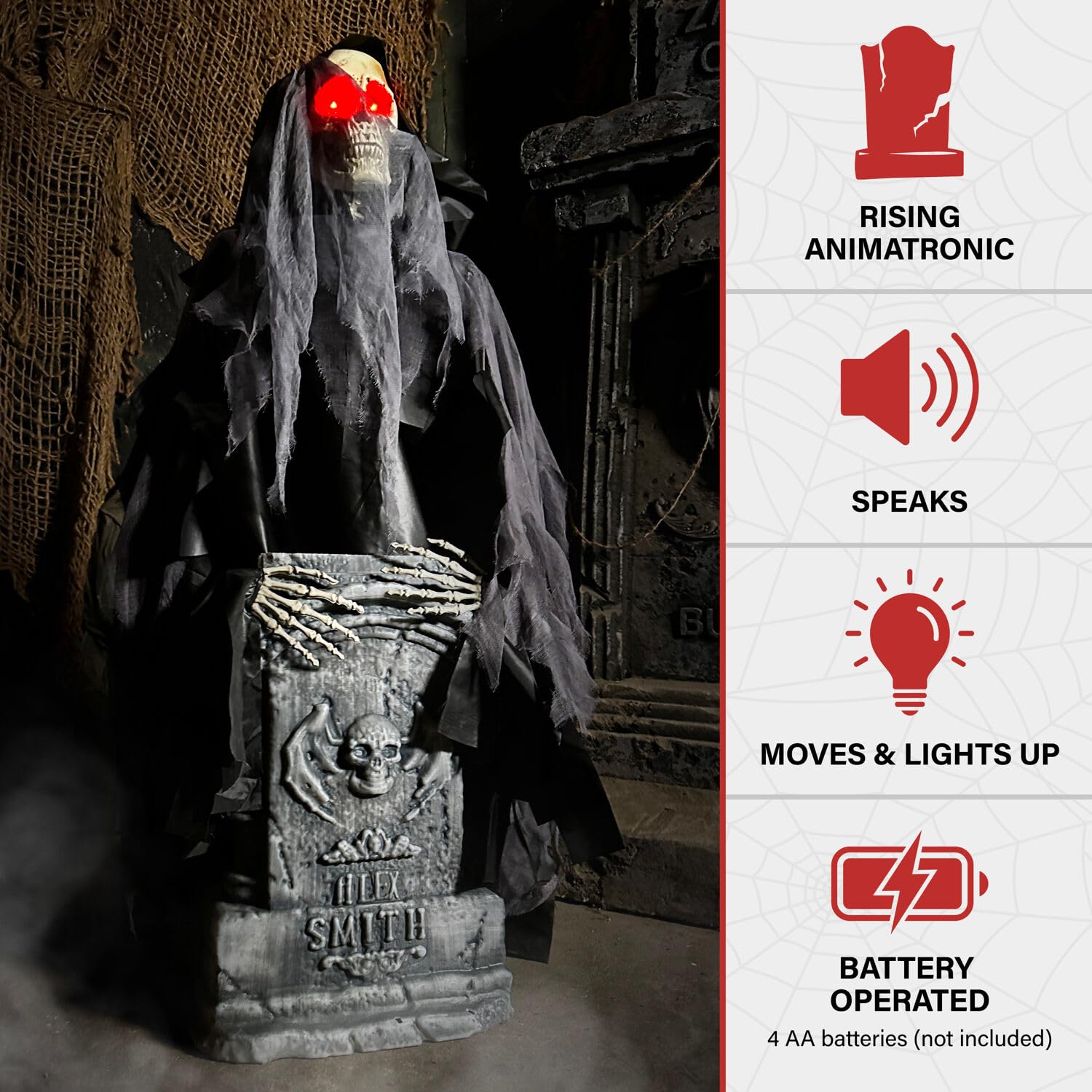 Haunted Hill Farm 3-Ft Rising Reaper with Tombstone, Halloween Accessory, Creepy Horror Movie Skeleton Prop, Spooky Occult Skull