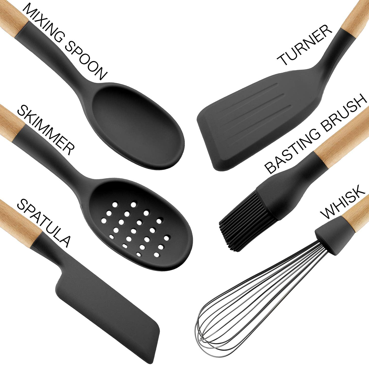 Country Kitchen 6 Pc Non Stick Silicone Utensil Baking Set With Rounded Wooden Handles For Cooking And Baking - Black
